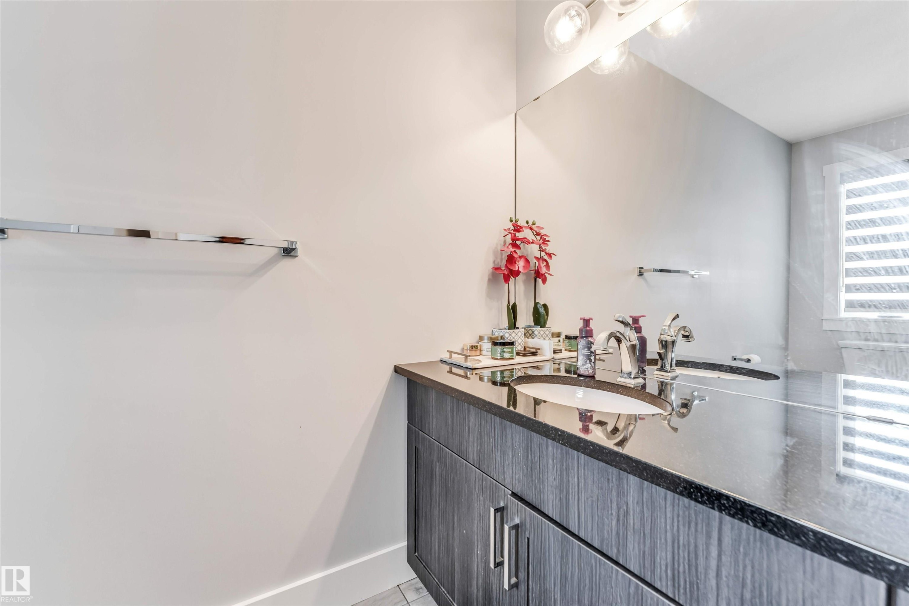 Bathroom vanity featuring dark wood-finish cabinetry, a black stone countertop, and an undermount sink with chrome fixtures - 8516 216 Street, Edmonton, AB
