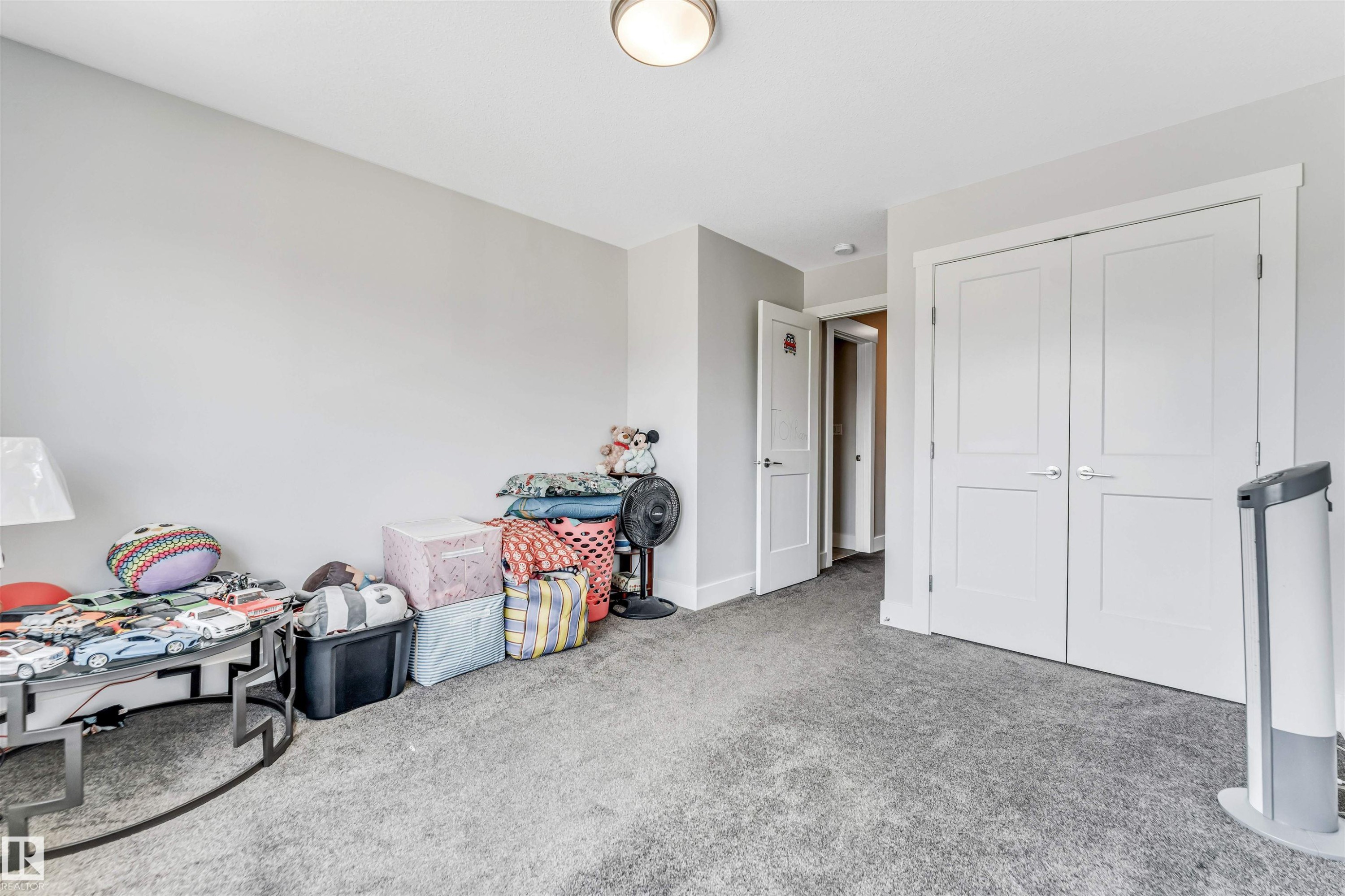 Bedroom featuring textured gray carpeting, neutral wall finishes, a ceiling-mounted light fixture, and white panel doors - 8516 216 Street, Edmonton, AB