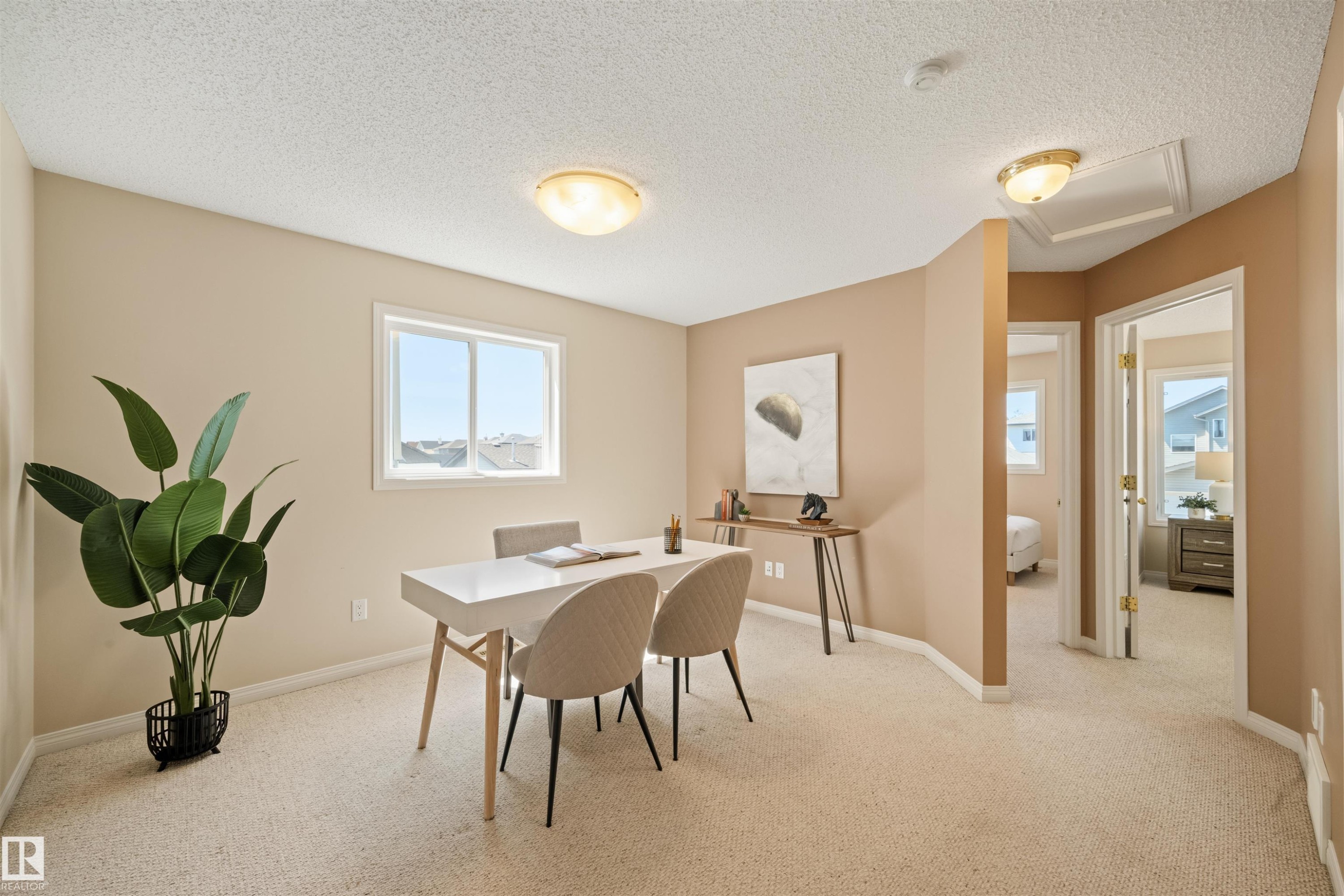 Carpeted room with a double-paned window, neutral wall tones, and overhead lighting - 7838 Schmid Place Nw, Edmonton, AB - Indoor
