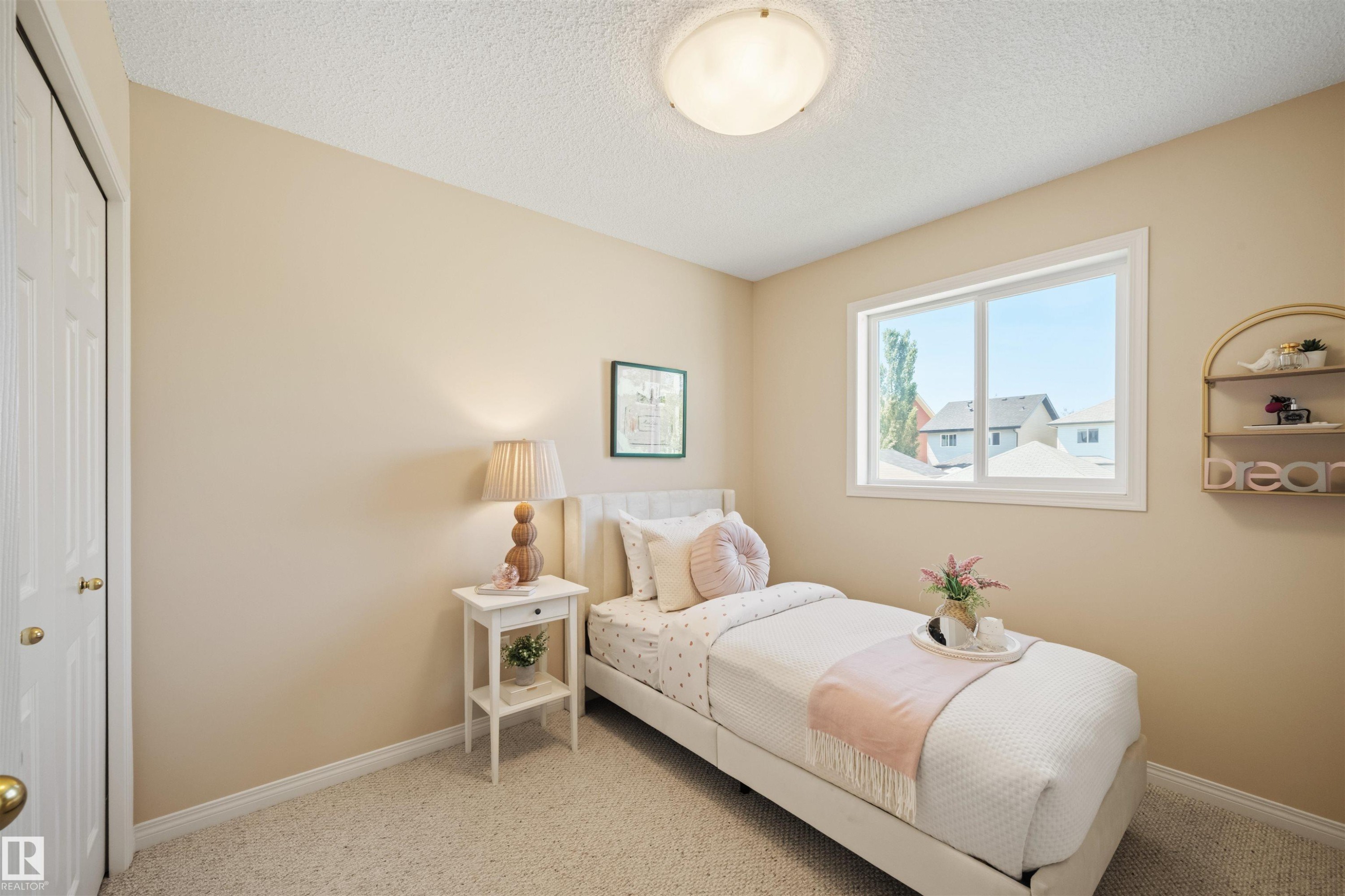Windowed room with light-toned walls and plush carpeting - 7838 Schmid Place Nw, Edmonton, AB - Indoor Photo Showing Bedroom