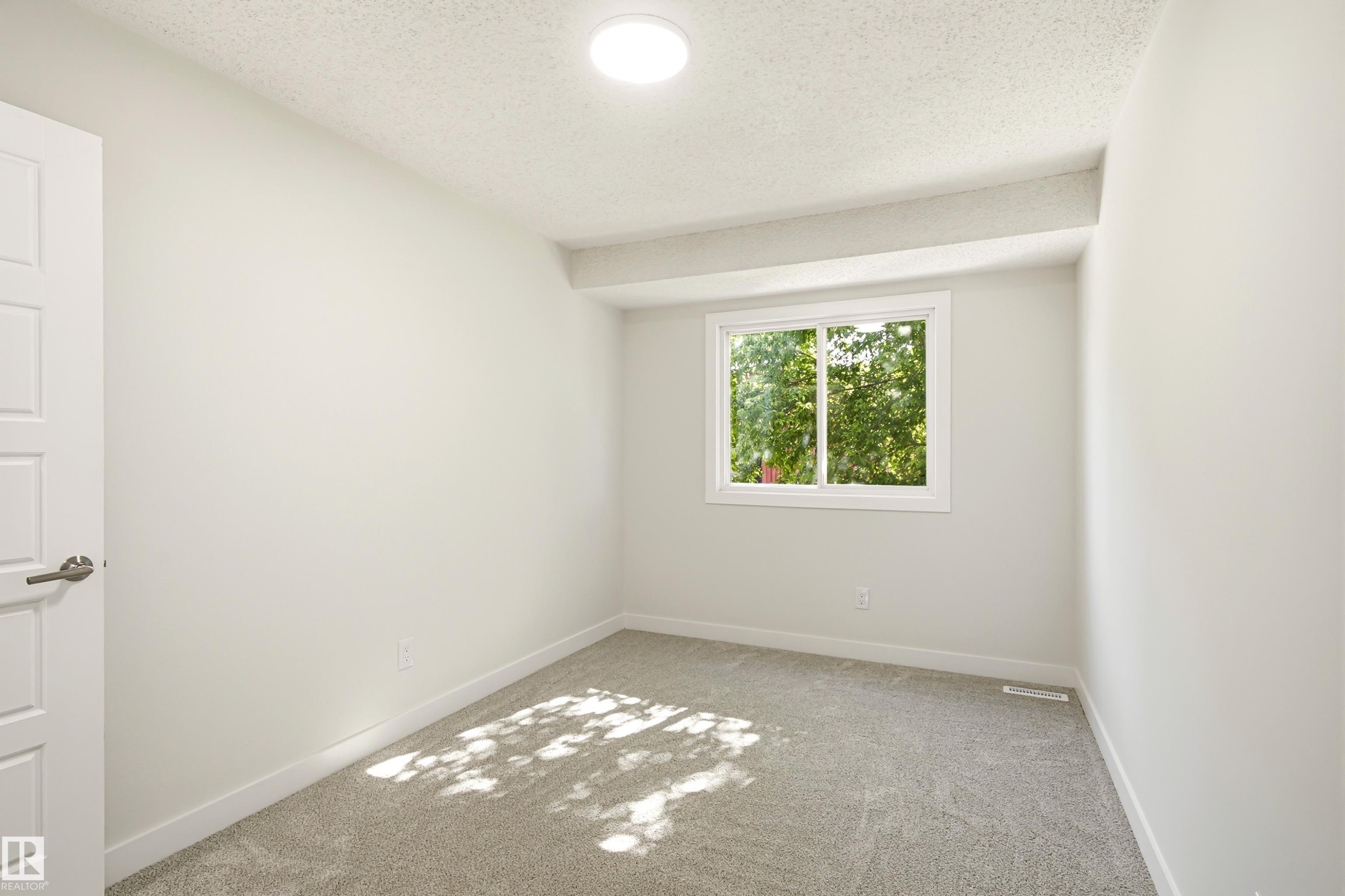 Room featuring a window with green foliage outside, light gray wall paint, gray carpeting, a paneled interior door, and a flush-mount ceiling light fixture - 18217 84 Avenue Nw, Edmonton, AB
