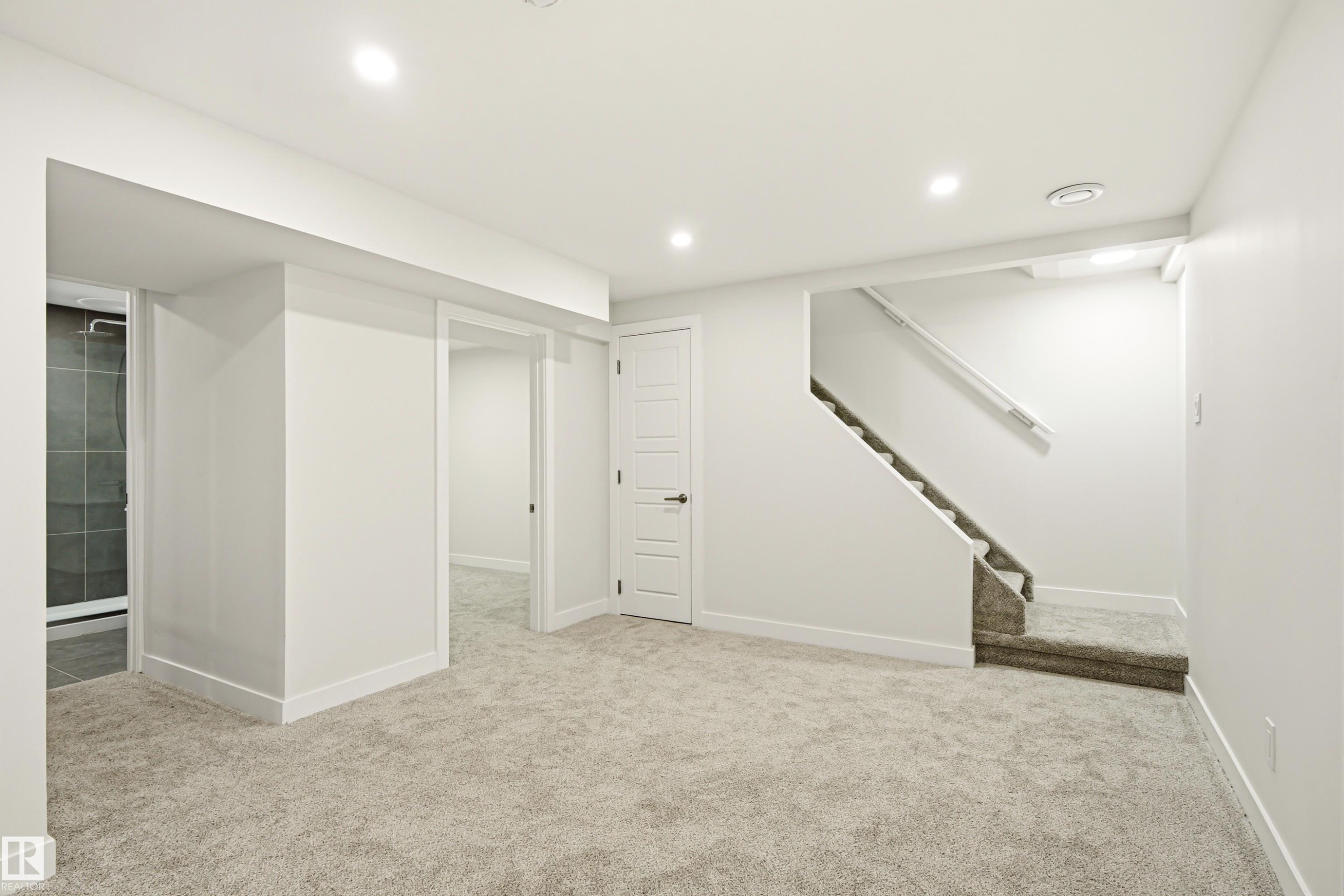 Spacious lower-level area featuring plush carpeting, recessed lighting, white trim, and a fully tiled shower enclosure - 18217 84 Avenue Nw, Edmonton, AB