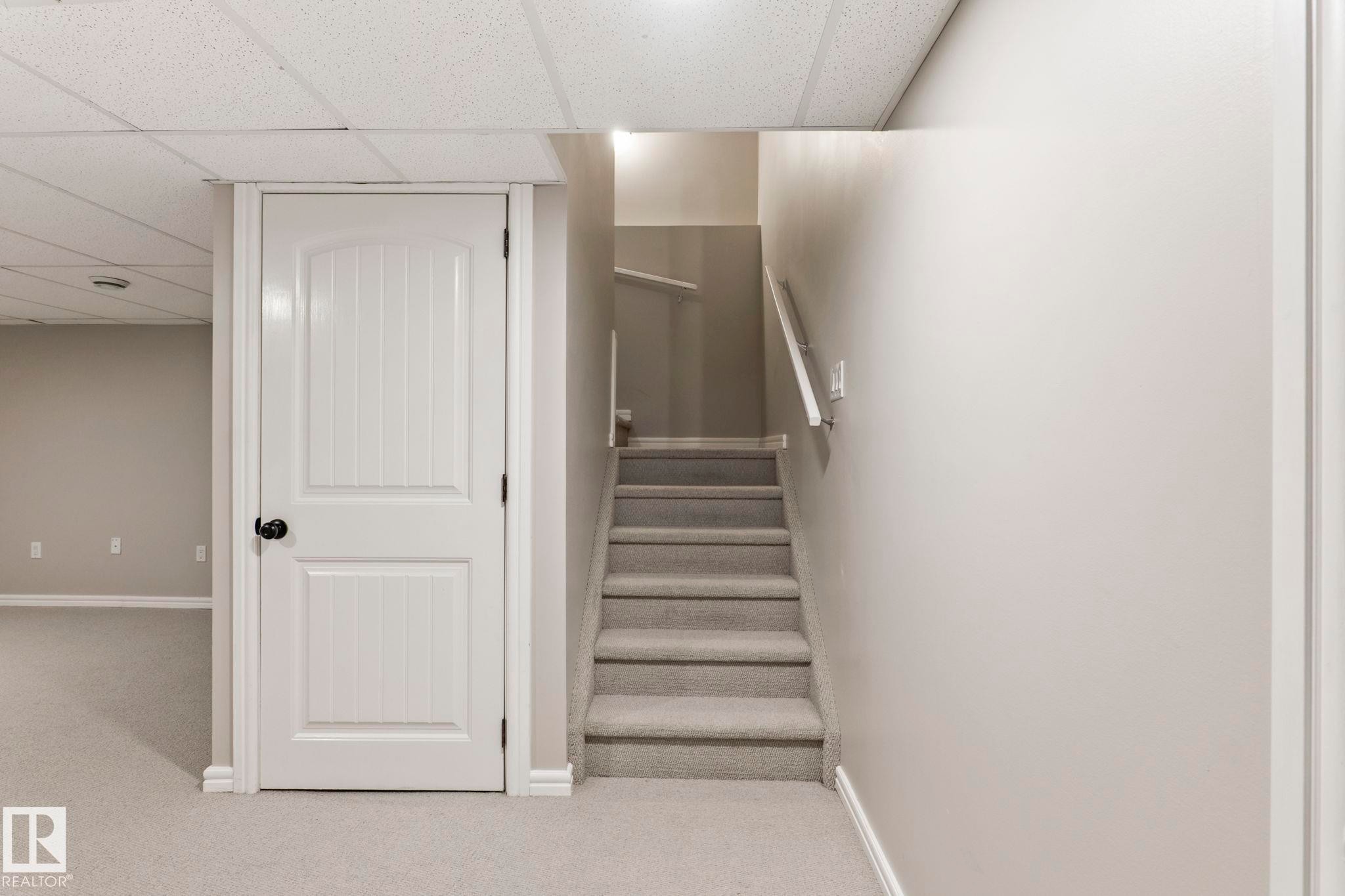 Carpeted stairway with a white handrail, leading to a finished lower level with light gray walls, white trim, and a drop ceiling - 1542 33A St Nw, Edmonton, AB