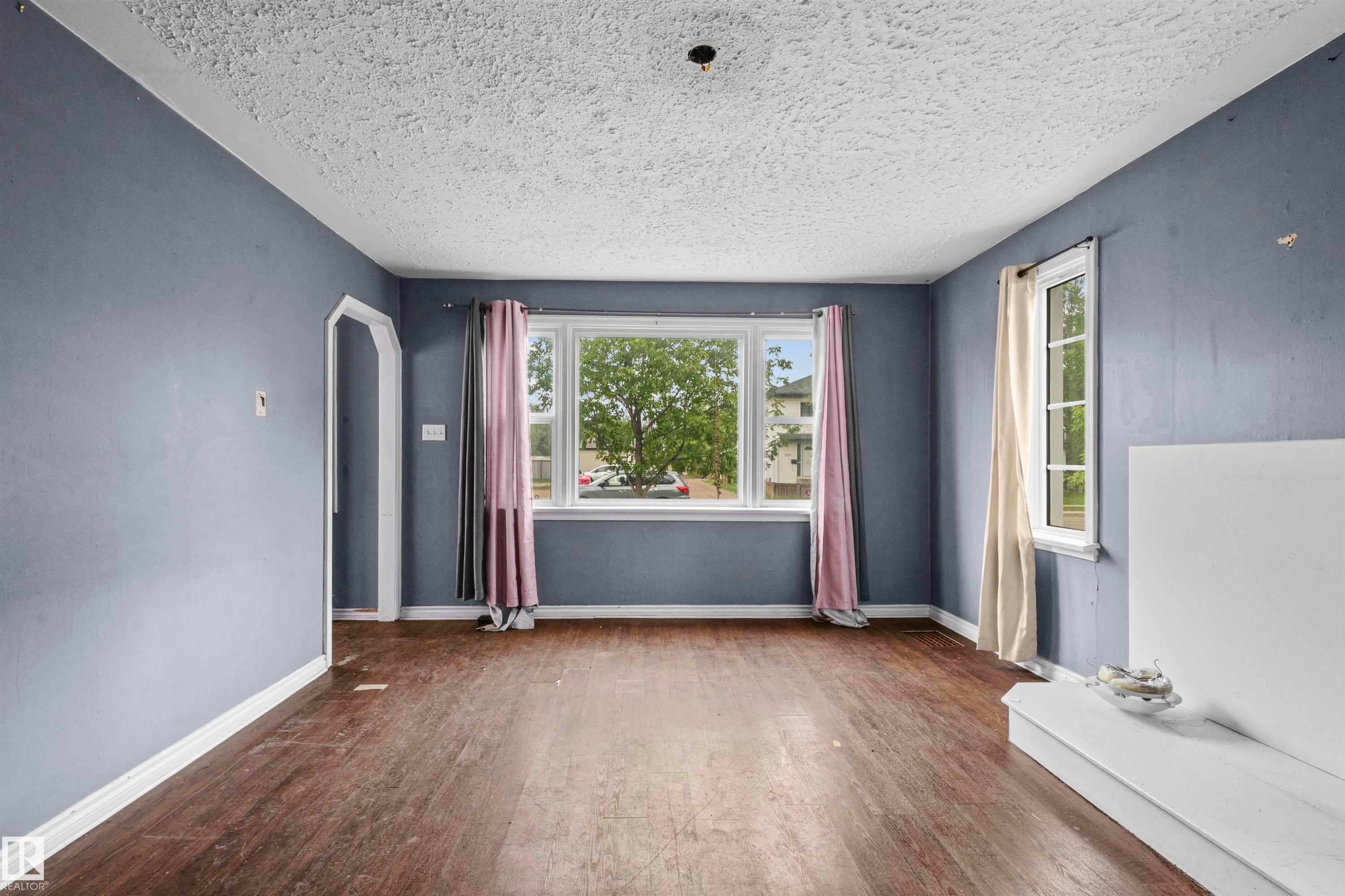 Spacious room featuring wood-finish flooring, a large window with natural light, and an arched doorway - 7520 106 Street, Edmonton, AB