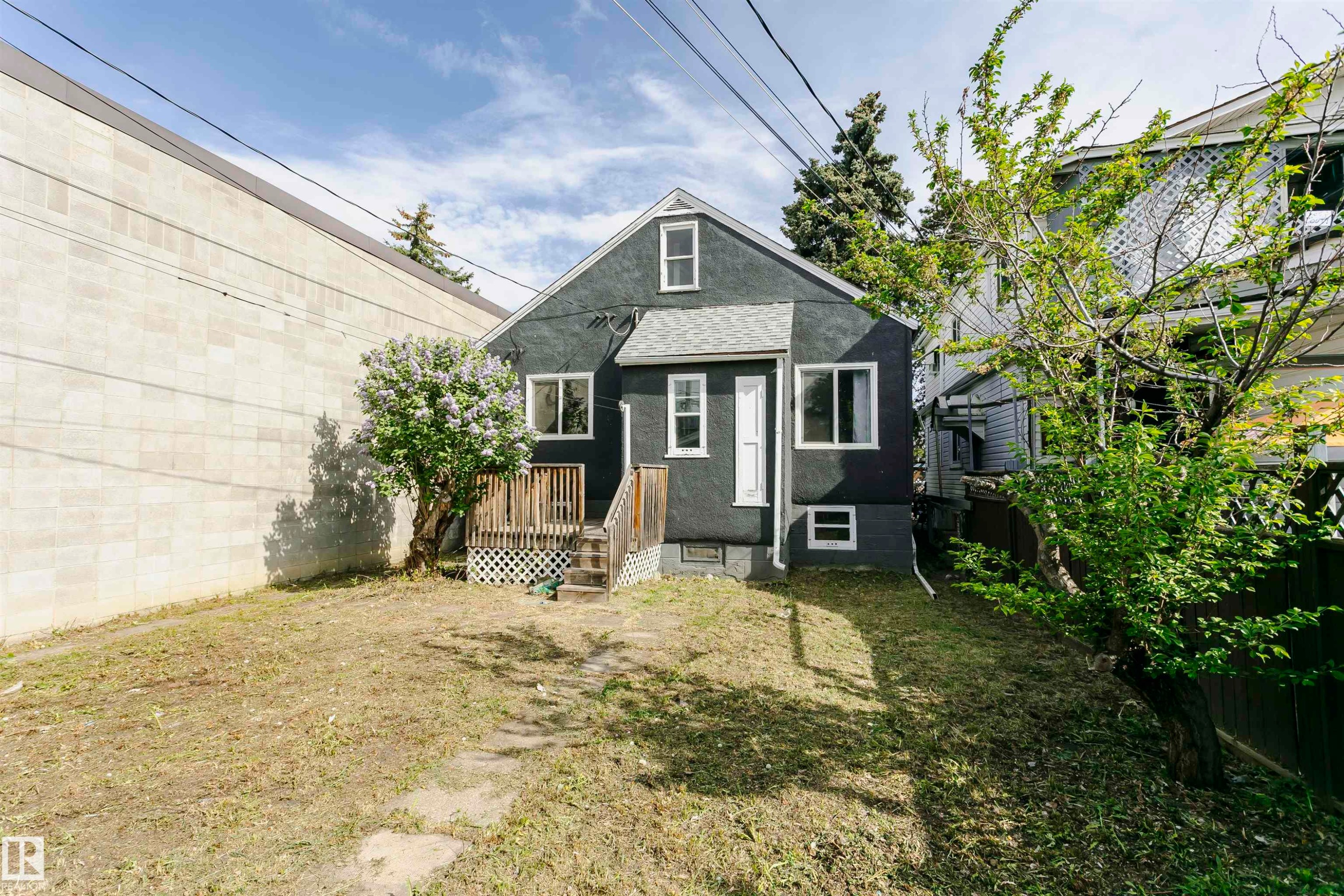 Rear exterior of a dark-toned residential structure with white trim windows and a white trim entry door - 10035 81 Avenue Nw, Edmonton, AB - Outdoor