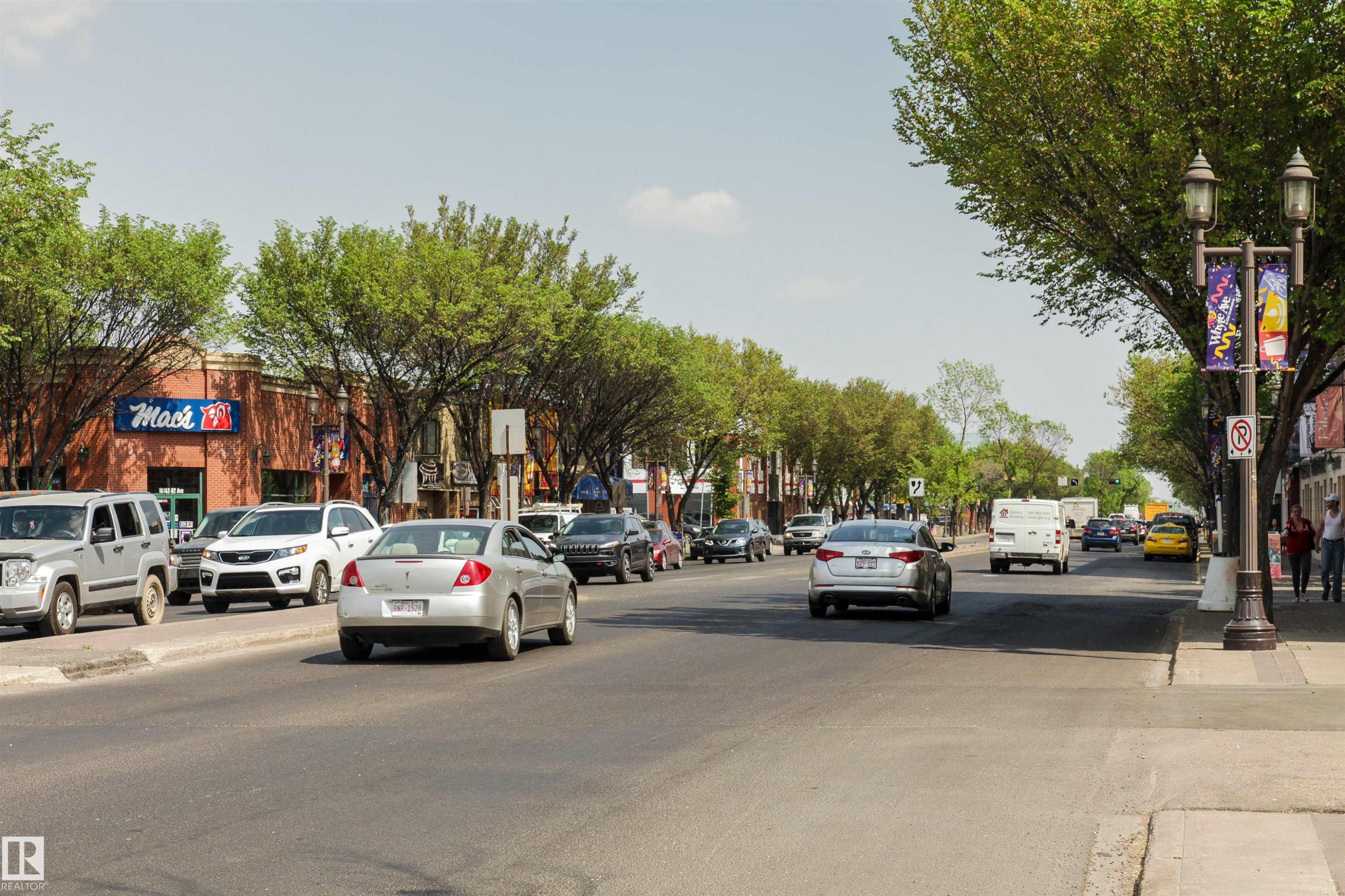Commercial street frontage with established trees lining the pavement - 10035 81 Avenue Nw, Edmonton, AB - Outdoor