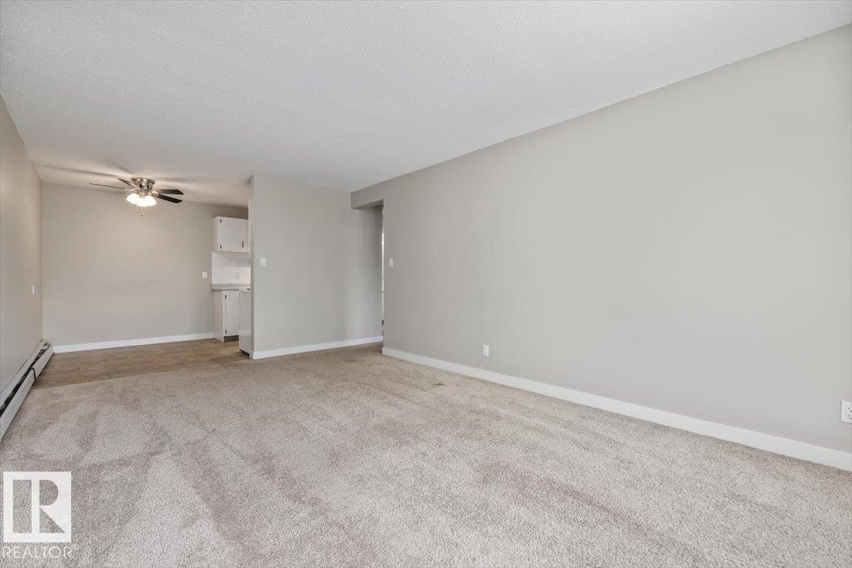 Spacious living area featuring neutral carpet flooring and light gray painted walls - #306 10330 113 St Nw, Edmonton, AB