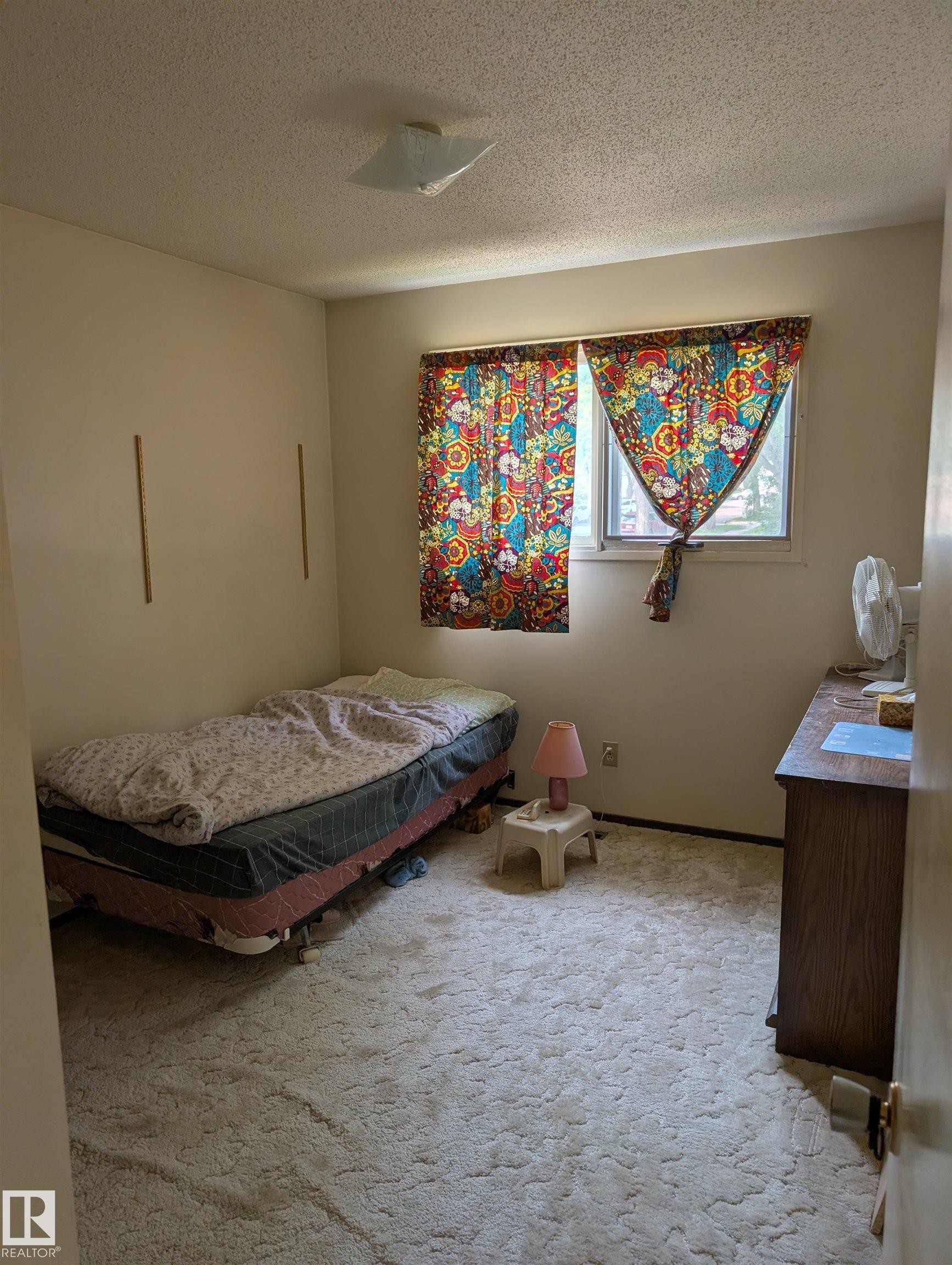 Room featuring textured wall-to-wall carpeting, neutral wall finishes, a window with natural light, and a surface-mounted ceiling light fixture - 6415 147 Avenue, Edmonton, AB