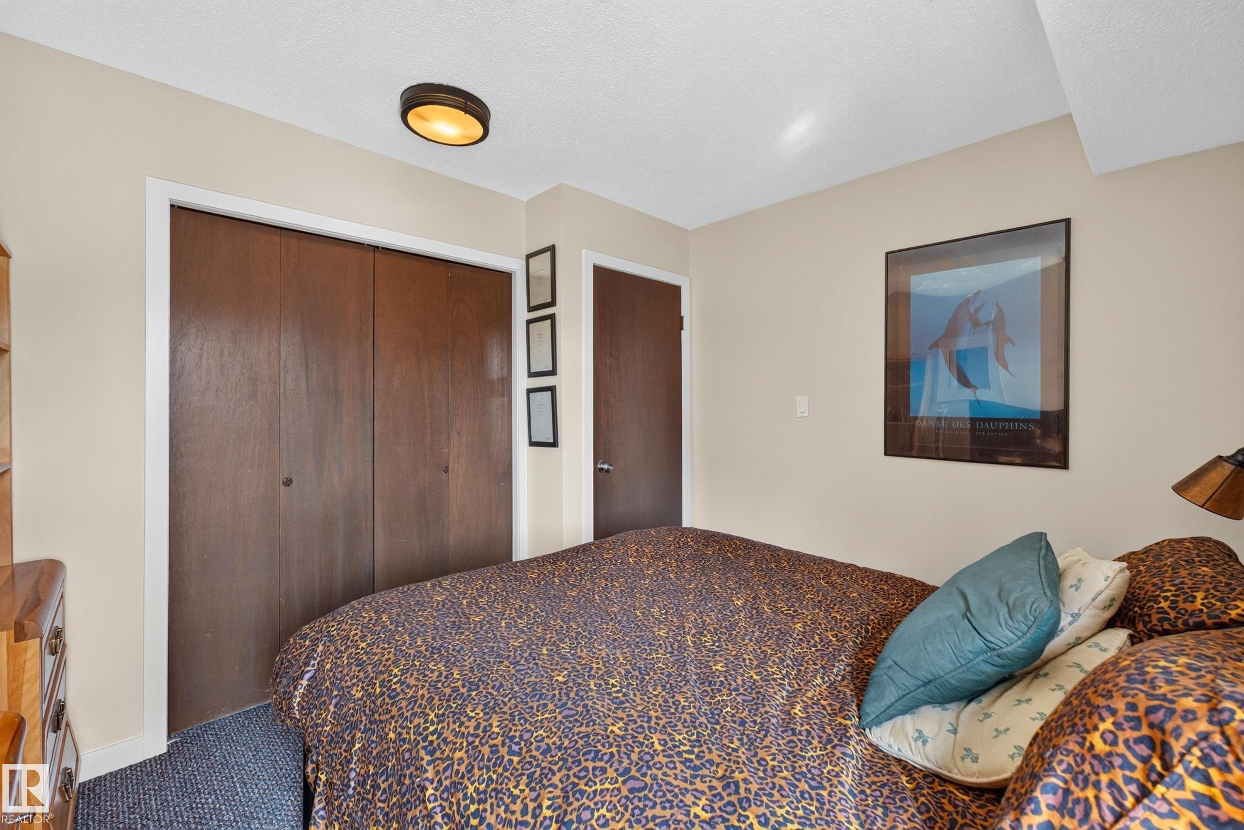 Neutral wall color with a semi-flush ceiling light fixture, dark wood-finish bi-fold closet doors, and dark wood-finish interior door - 12062 157 Avenue, Edmonton, AB