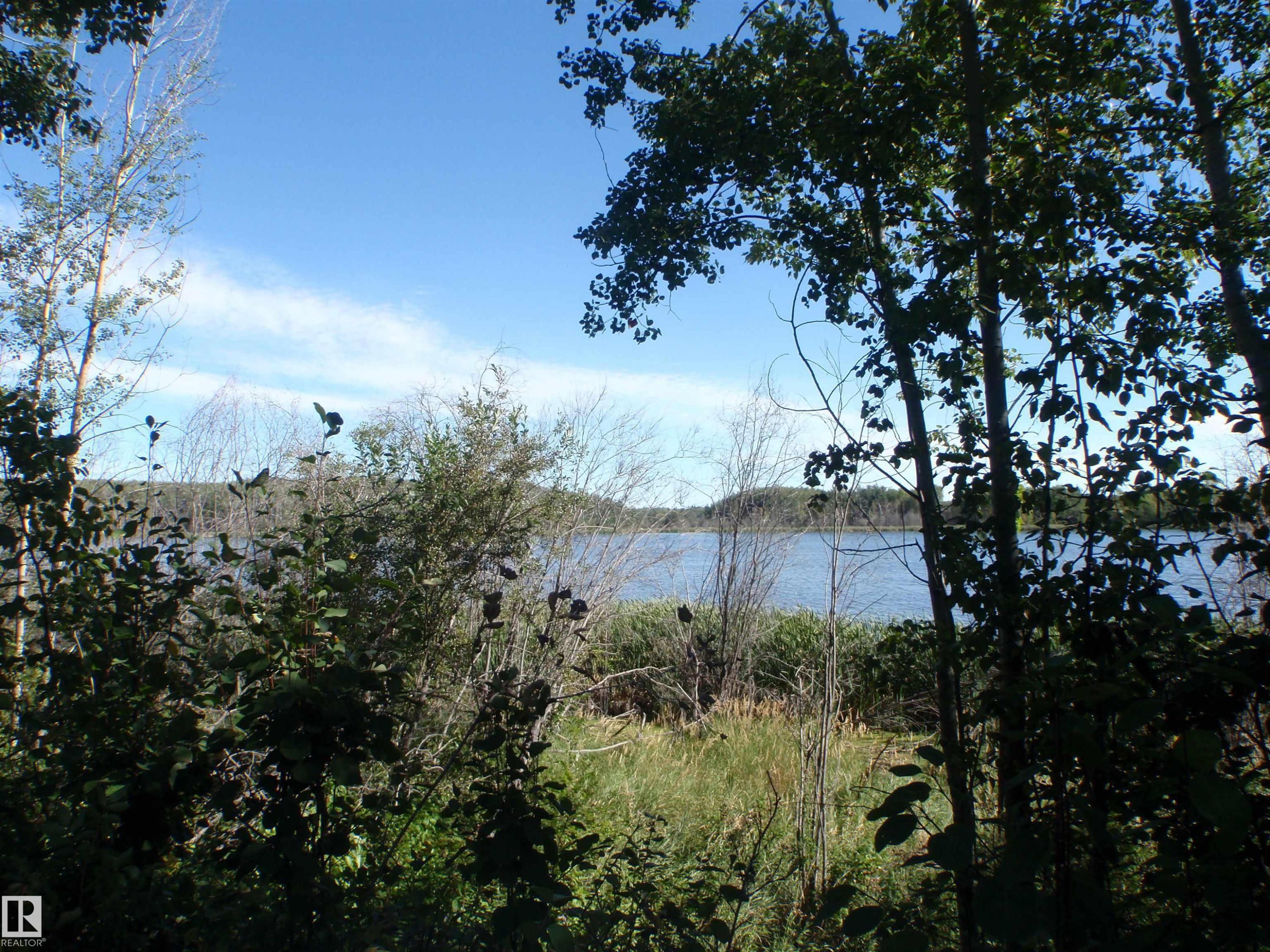 Waterfront landscape featuring dense foliage and a broad expanse of water under a clear sky - Rge Rd 62, Rural Barrhead County, AB