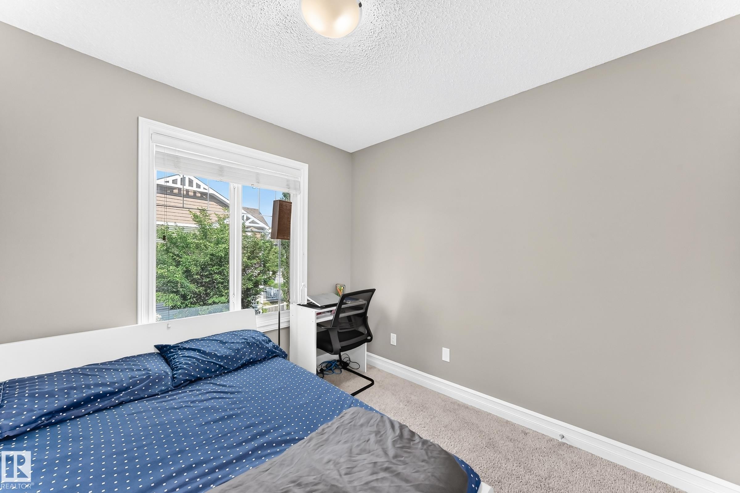 Bright room featuring a large window with white trim, light gray walls, and textured carpeting - 415 Clareview Rd Nw Nw, Edmonton, AB - Indoor Photo Showing Bedroom