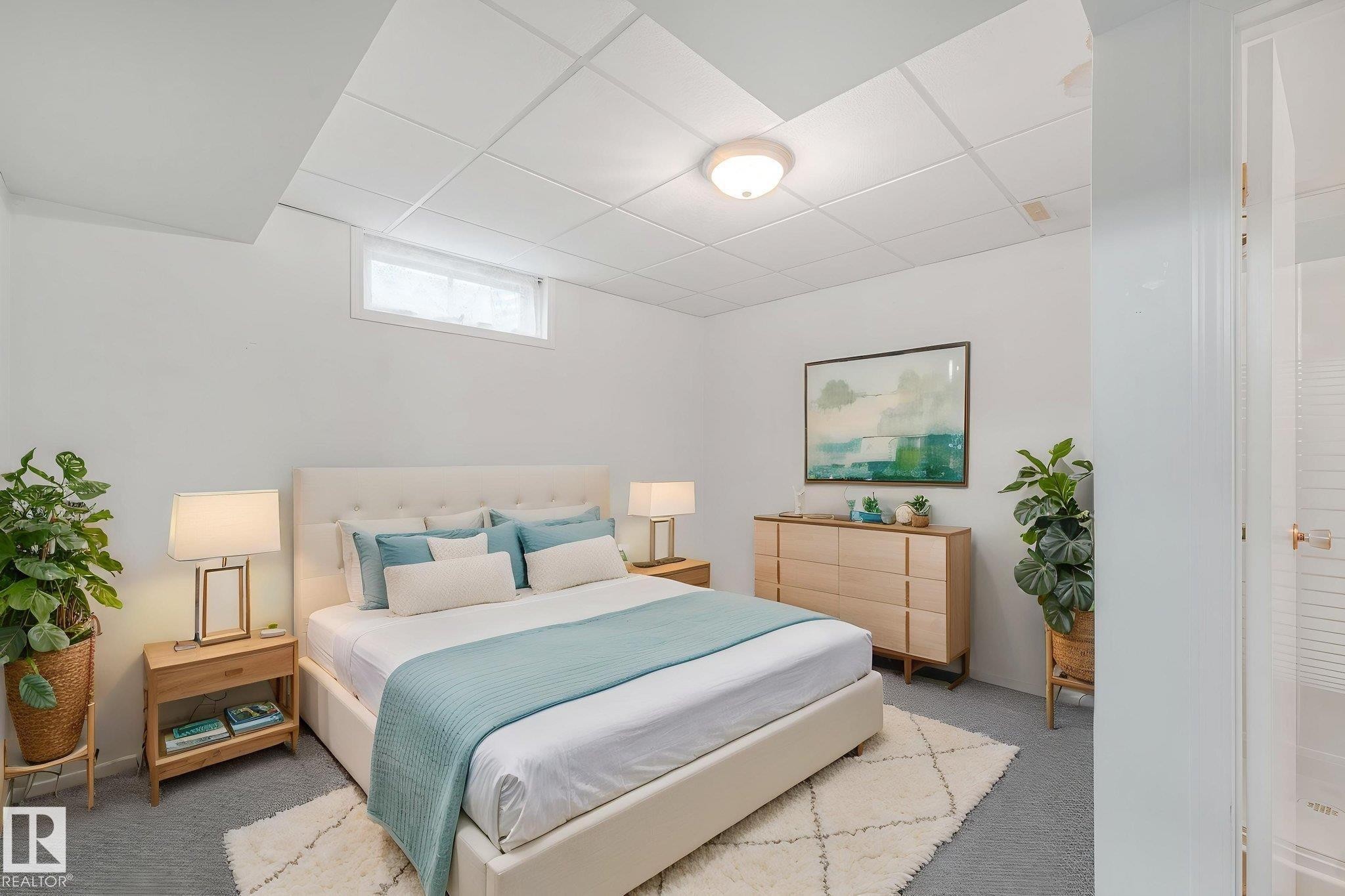 Carpeted room with a drop ceiling, featuring a high horizontal window - 13320 79 Avenue Nw, Edmonton, AB - Indoor Photo Showing Bedroom
