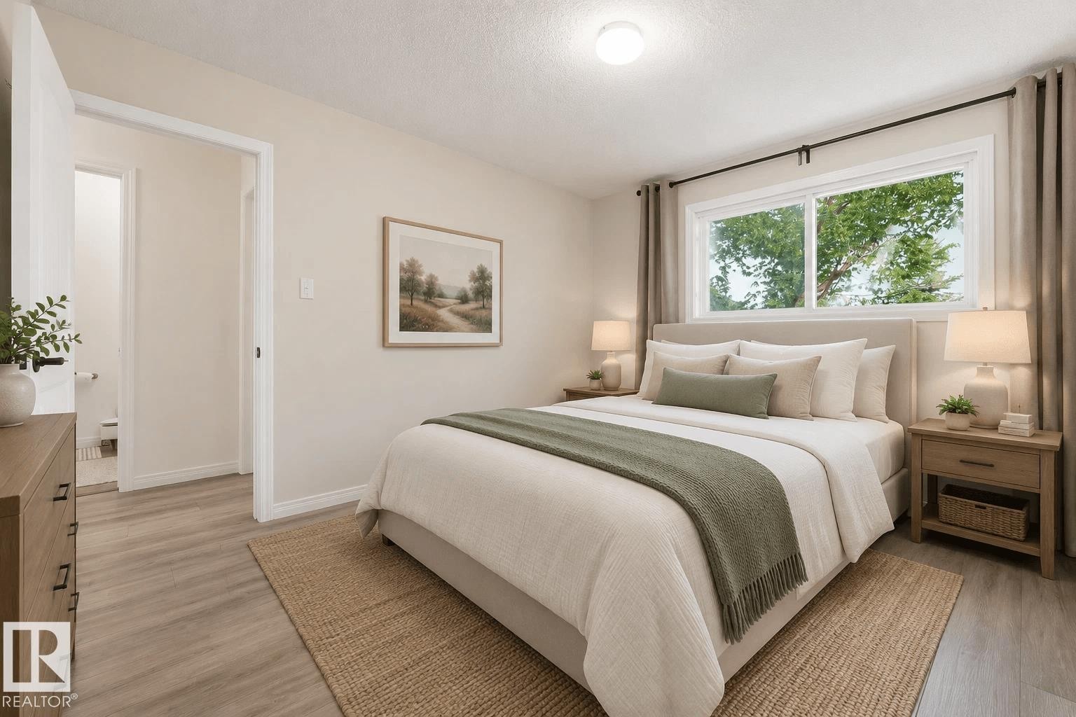 Bedroom featuring wood-finish flooring, a contemporary window, recessed lighting, and a neutral color palette - 105 16428 109 Street, Edmonton, AB