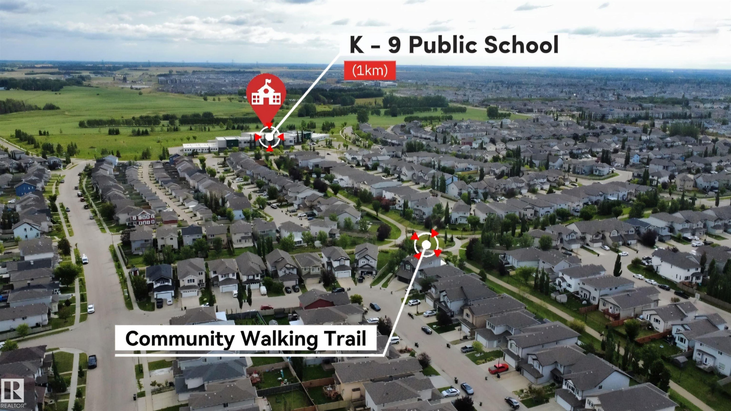 Residential neighborhood featuring a community walking trail and proximity to a K-9 public school - 1216 37C Avenue Nw, Edmonton, AB - With View