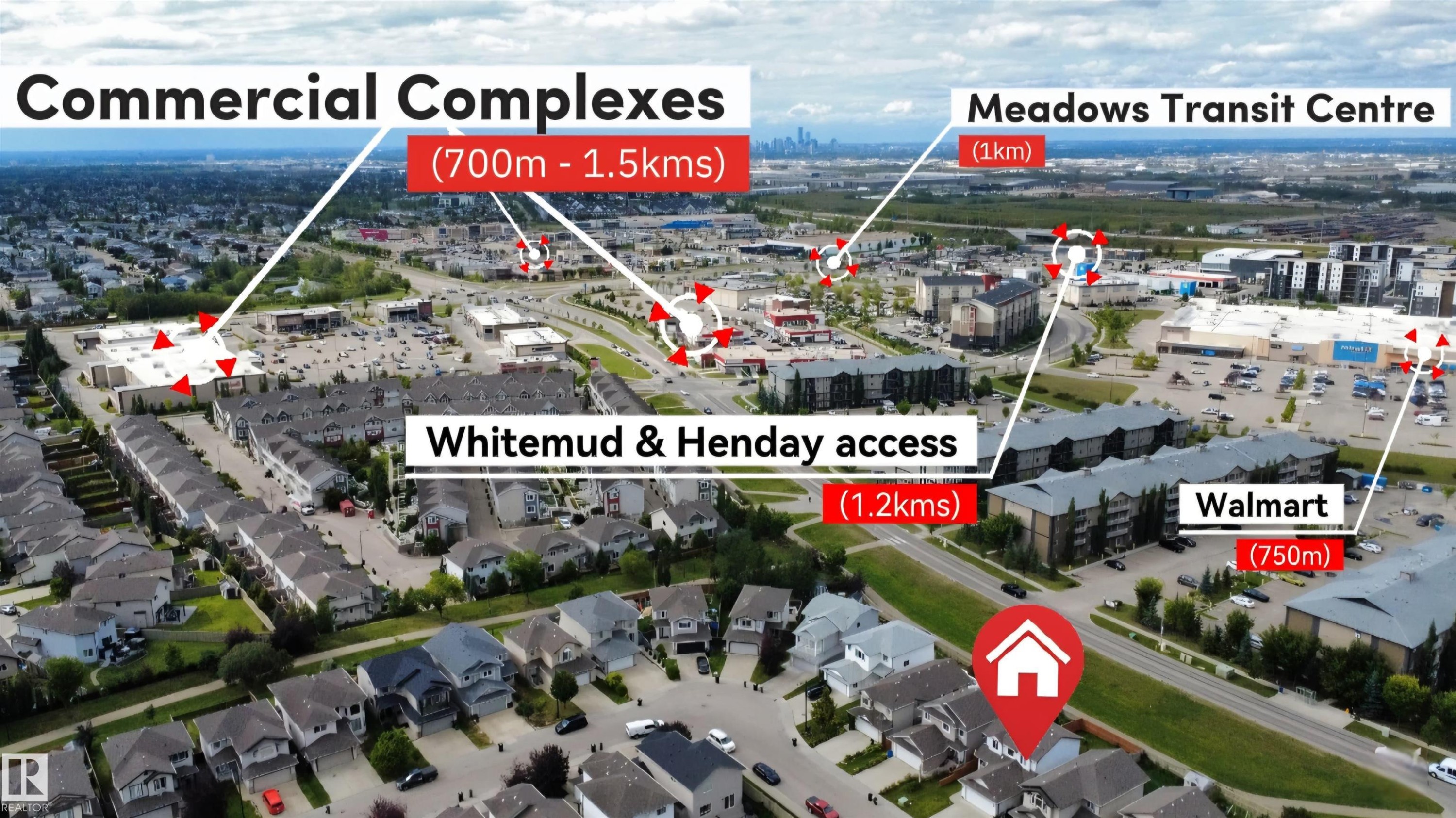Aerial perspective highlighting proximity to commercial complexes, Meadows Transit Centre, and Walmart - 1216 37C Avenue Nw, Edmonton, AB - Other