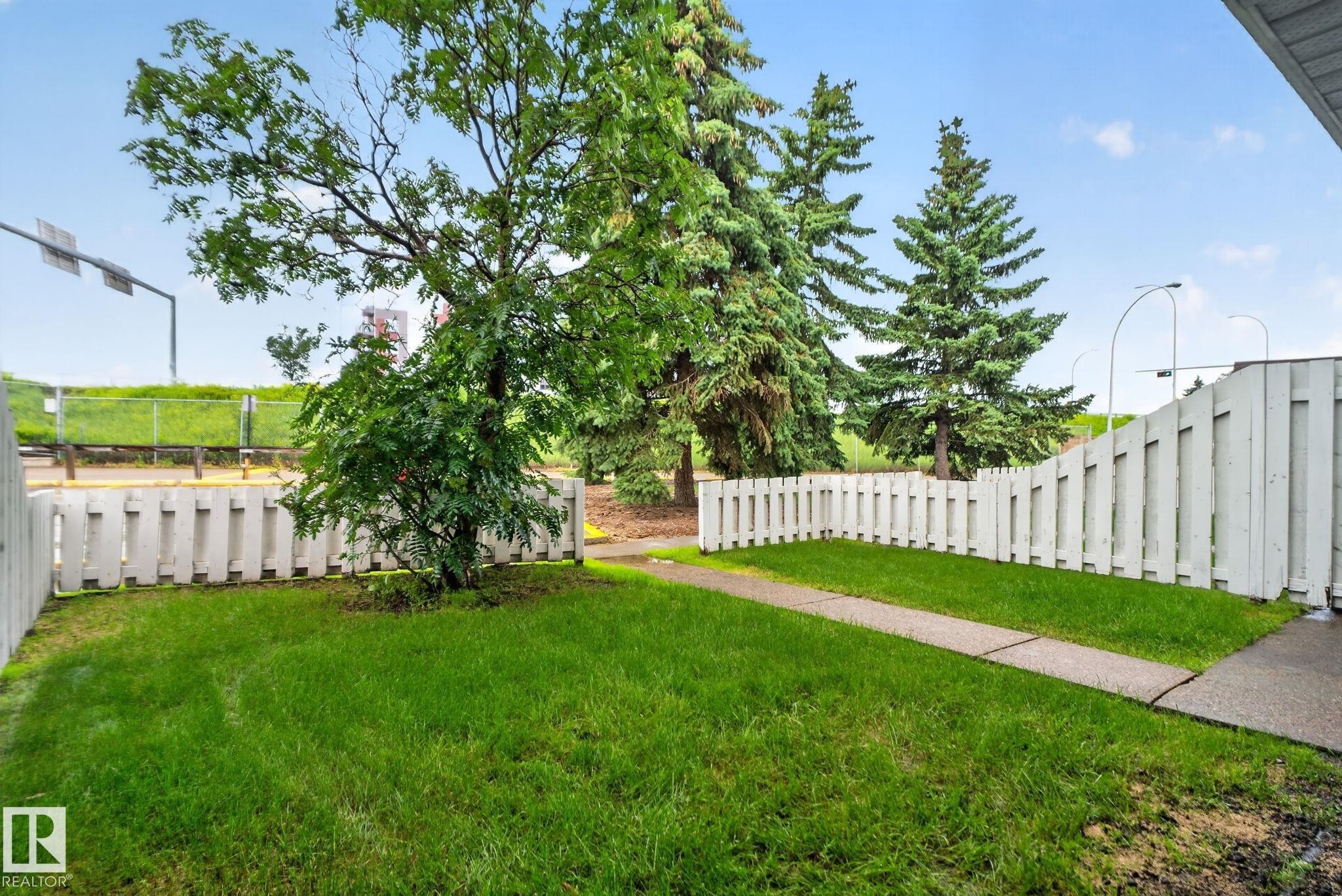 Enclosed yard space featuring a white picket fence, a mature deciduous tree, a concrete walkway, and evergreen trees beyond the fence line - 401 2908 116A Avenue, Edmonton, AB