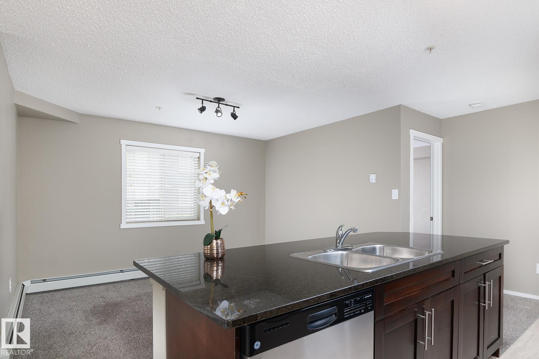 Kitchen island featuring a double basin sink, dark countertop, and integrated stainless steel dishwasher - 102 25 Element Dr, St. Albert, AB