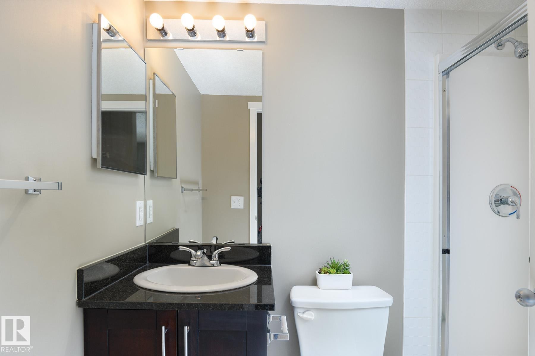 Bathroom featuring a dark wood-finish vanity with a dark countertop, an undermount sink, and chrome fixtures - 102 25 Element Dr, St. Albert, AB