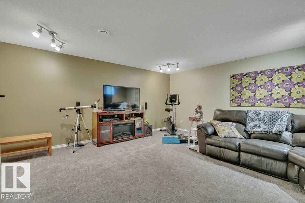 Basement Family Room featuring light-colored carpeting, track lighting, and neutral wall tones - 6042 214 Street, Edmonton, AB - Indoor Photo Showing Other Room