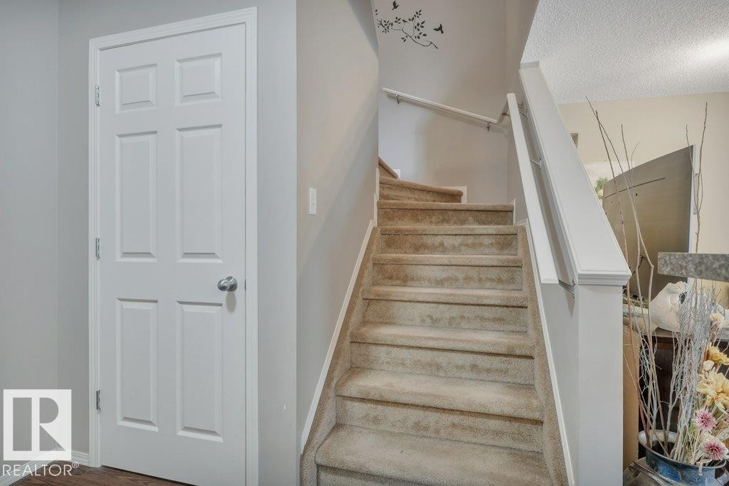 Carpeted staircase with white balusters and handrails - 6042 214 Street, Edmonton, AB - Indoor Photo Showing Other Room