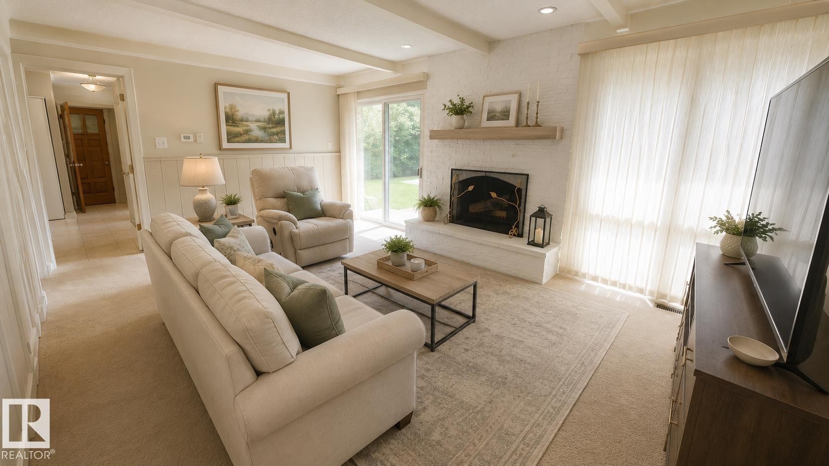 55 Quesnell Road Nw, Edmonton, AB - Indoor Photo Showing Living Room With Fireplace