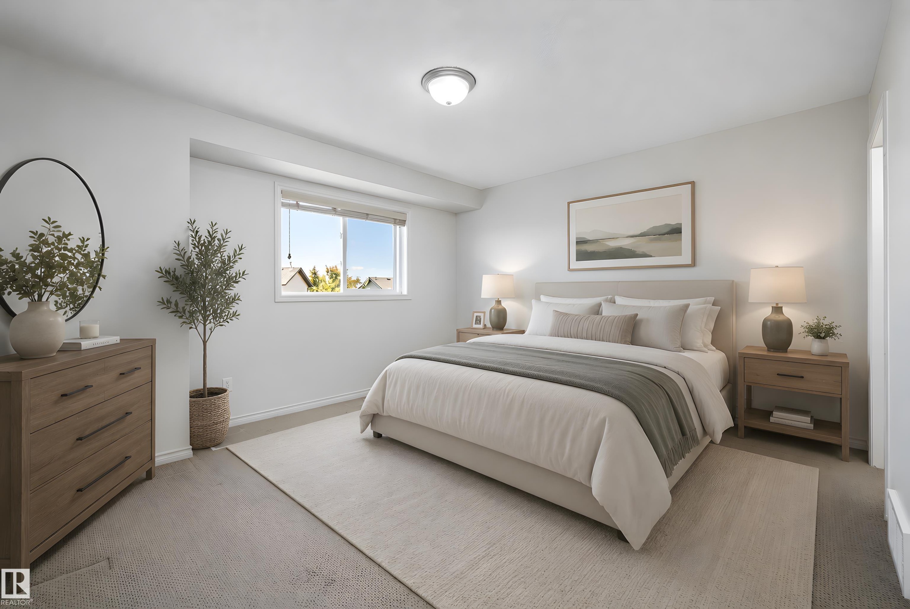 Light-filled bedroom featuring a large window, neutral wall tones, and plush carpeting - 101 13825 155 Avenue, Edmonton, AB