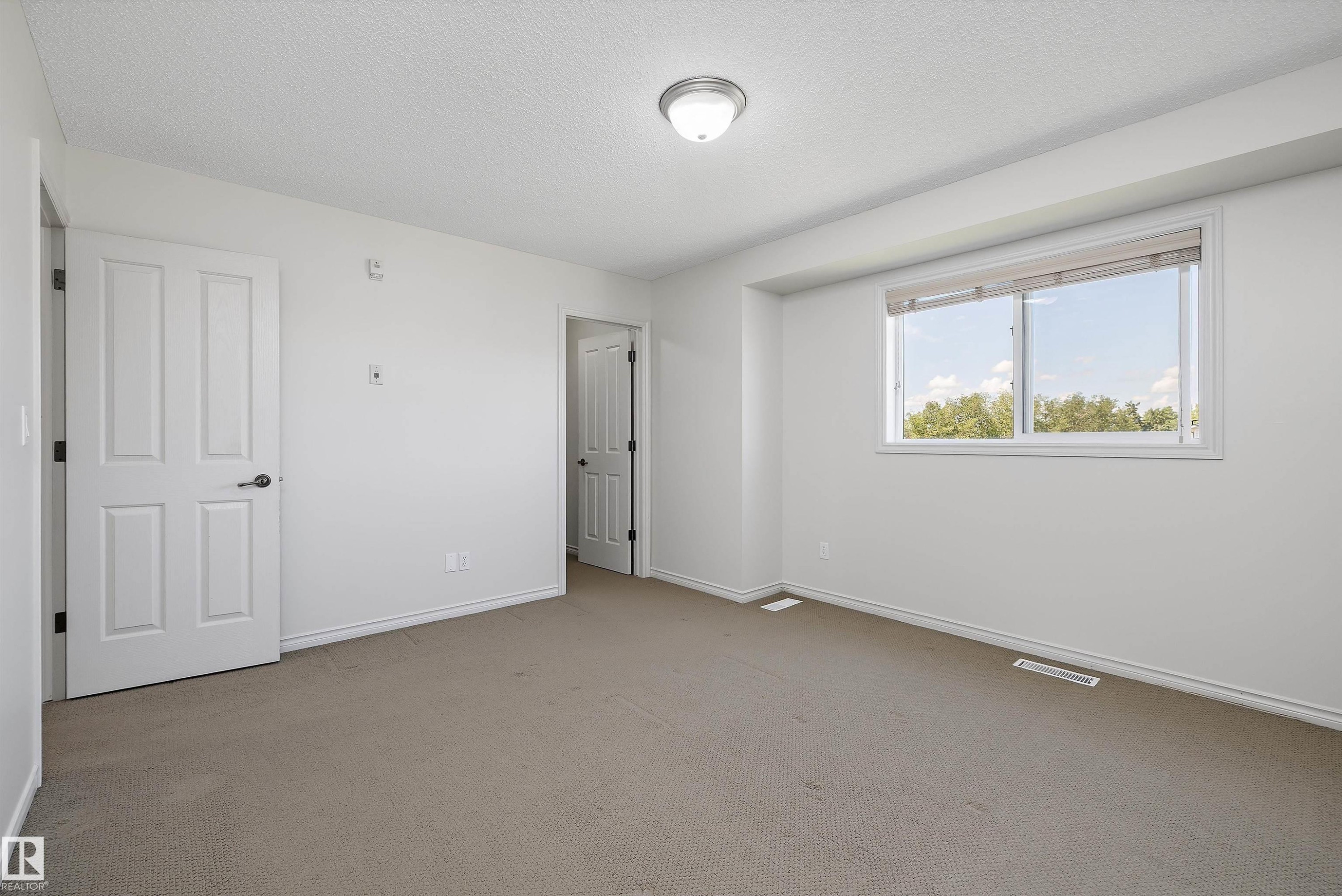 Spacious room featuring neutral carpeting, a large window, white trim throughout, two panel doors, and a ceiling-mounted light fixture - 101 13825 155 Avenue, Edmonton, AB
