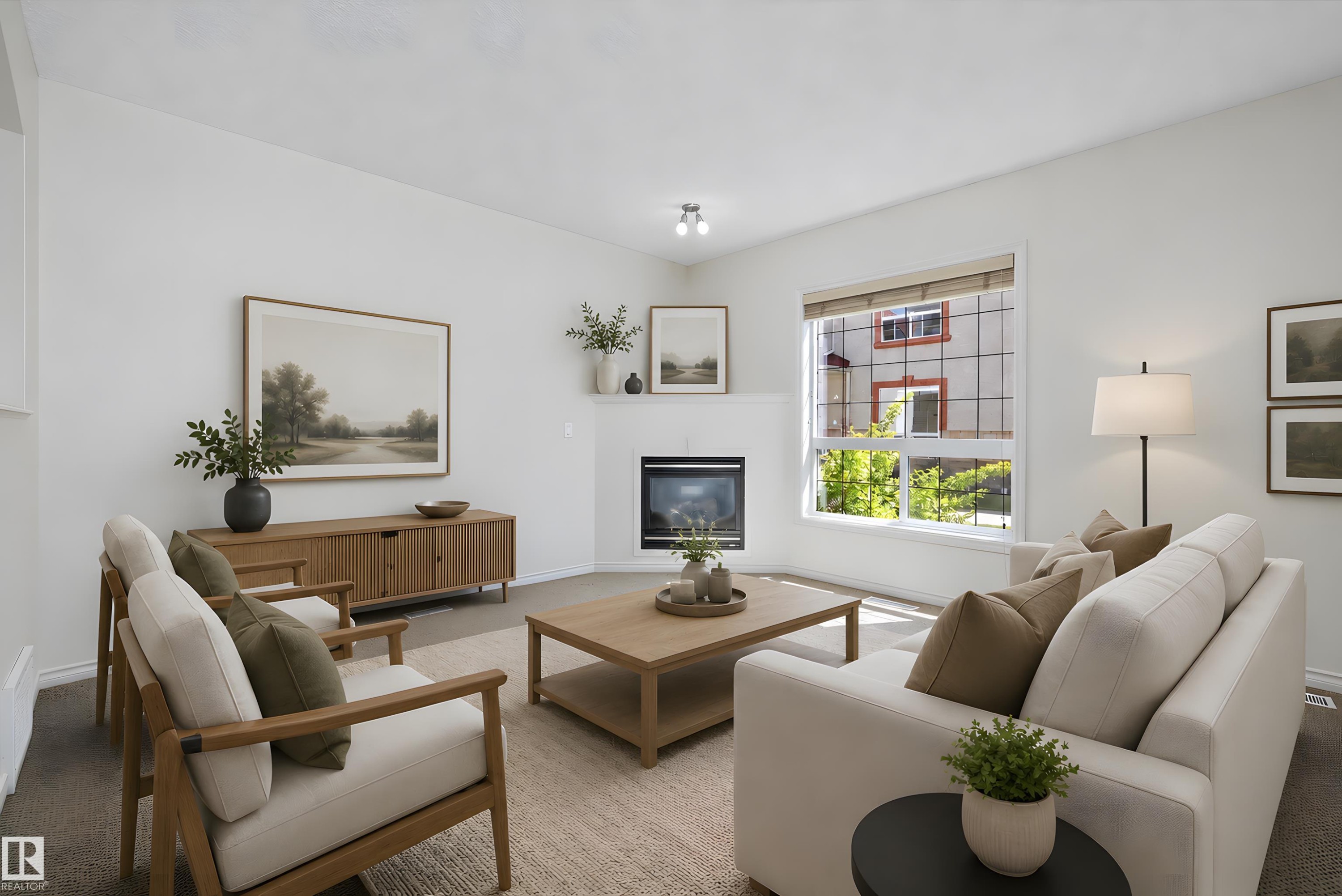 Bright living area featuring a corner fireplace, large window with blinds, and white painted walls - 101 13825 155 Avenue, Edmonton, AB