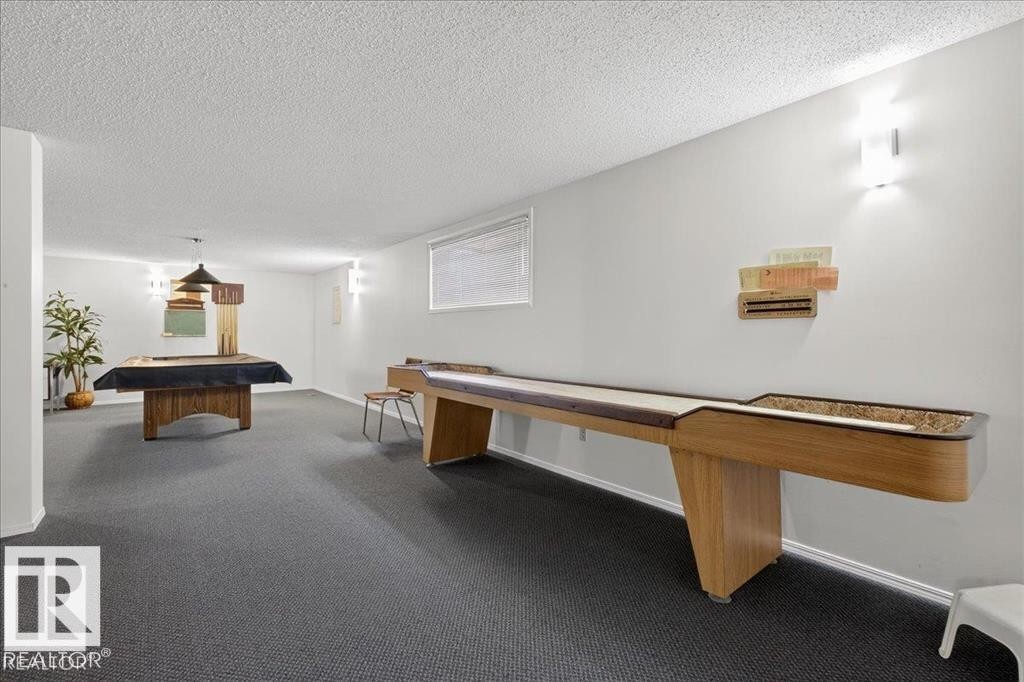 Spacious recreation room featuring dark gray carpeting and white walls - 219 Knottwood Road, Edmonton, AB