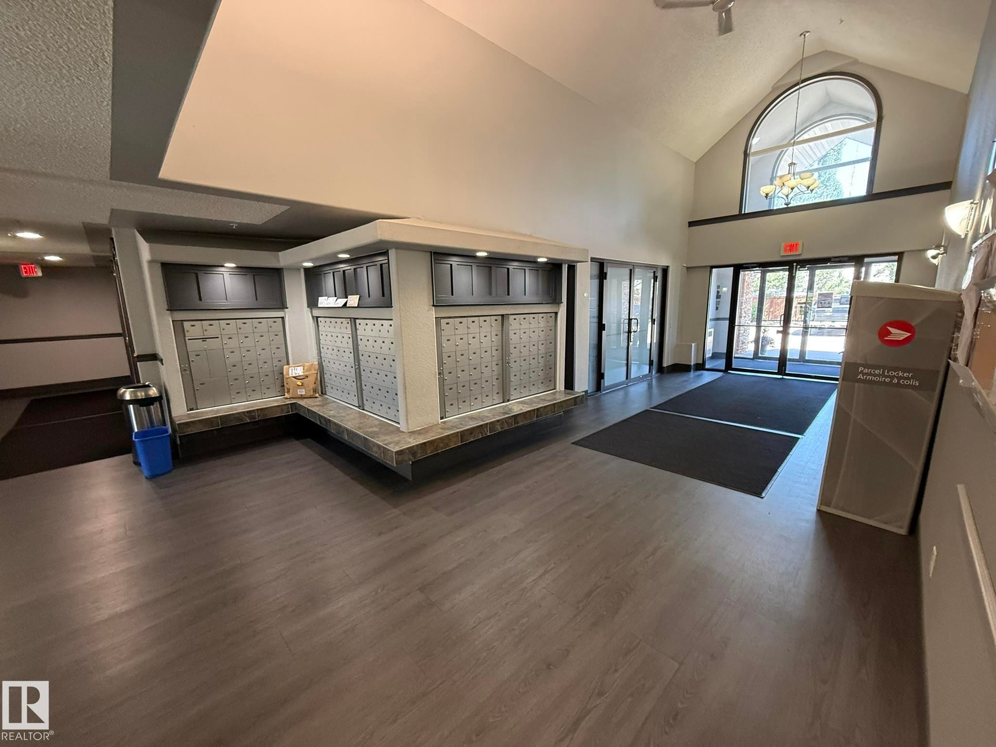 Spacious entryway featuring wood-finish flooring and a vaulted ceiling with an arched window - 205 3425 19 Street, Edmonton, AB