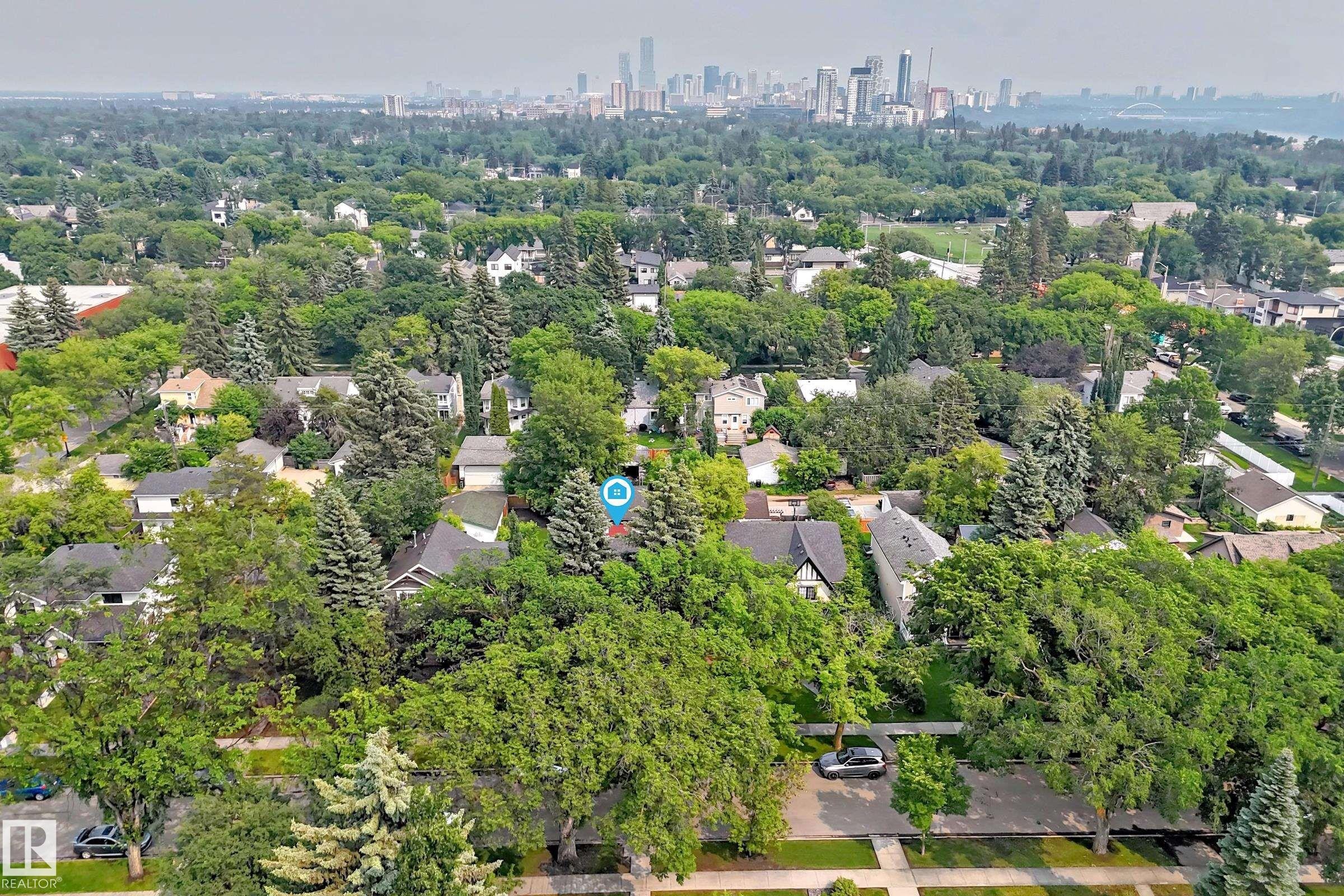 Aerial perspective showcasing a residential neighborhood with a dense tree canopy - 10323 138 Street Nw, Edmonton, AB - Outdoor With View