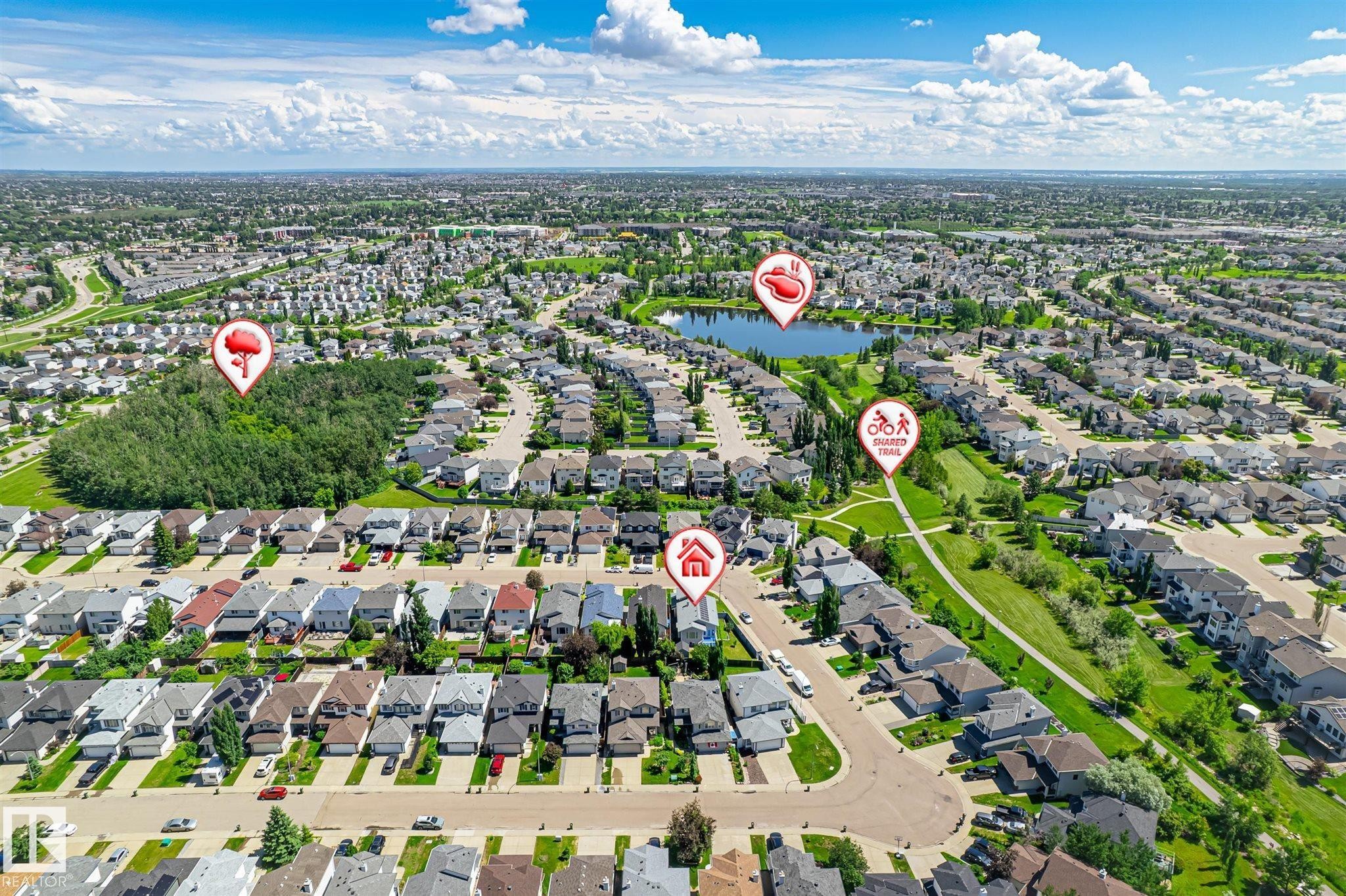 Aerial perspective of a developed residential area featuring a central pond, a green space with a walking path, and a dense treed area - 14908 137 Street Nw, Edmonton, AB - Outdoor With View