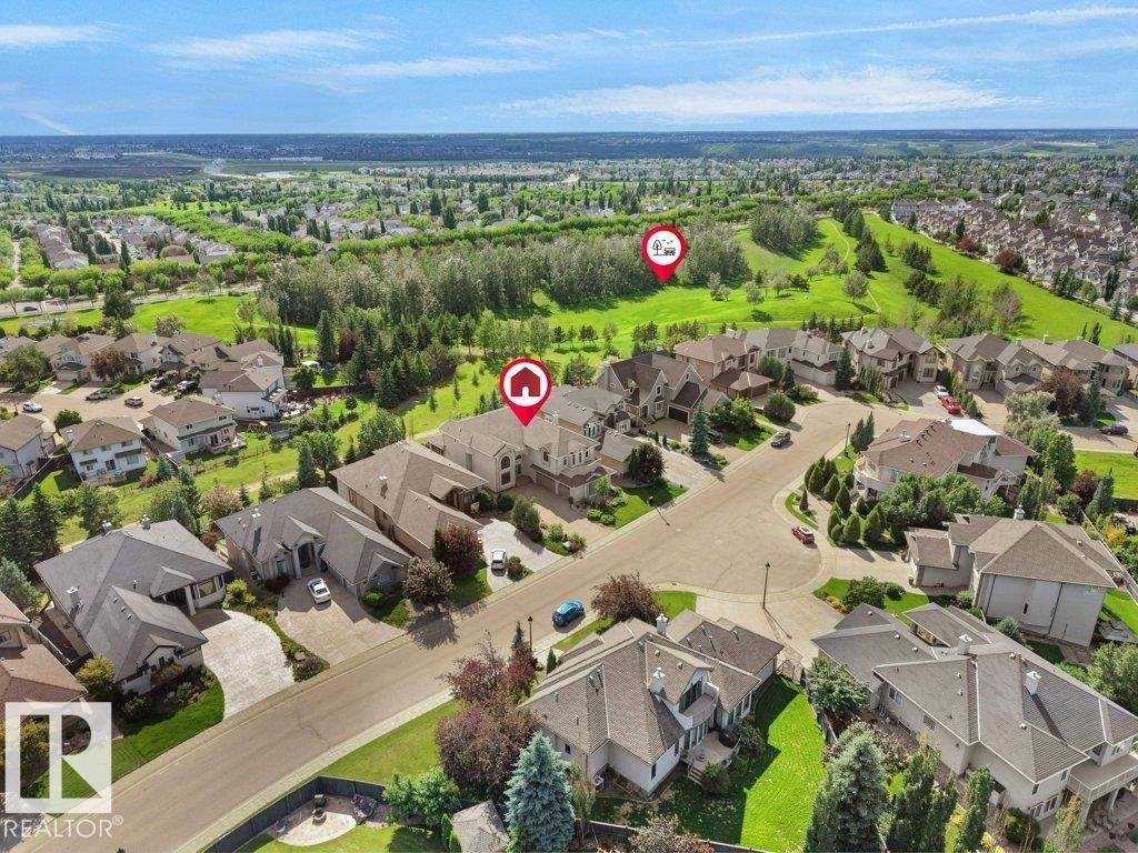 Aerial perspective showcasing a residential neighborhood with varied architectural styles and mature landscaping - 2423 Tegler Green, Edmonton, AB