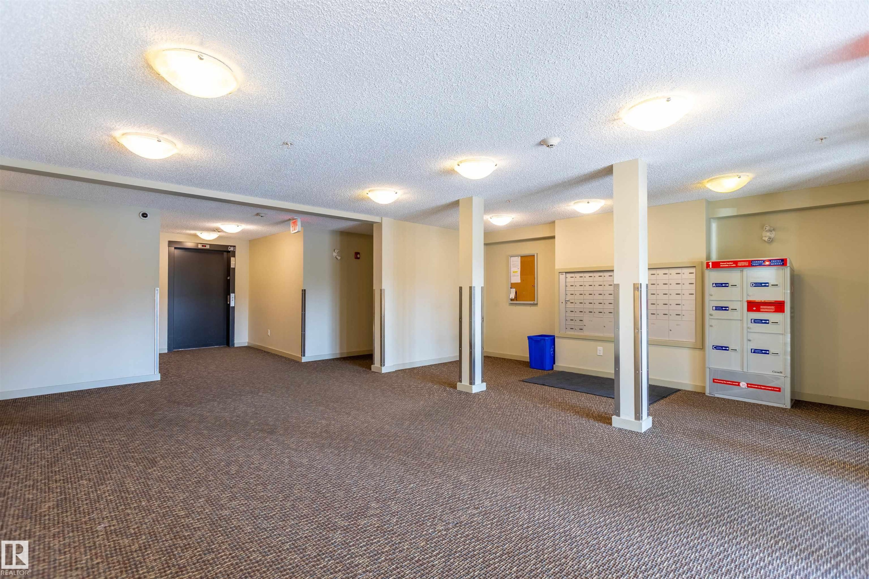 Carpeted common area featuring multiple flush-mount ceiling lights, light-toned walls, and a textured ceiling - 403 25 Element Dr, St. Albert, AB - Indoor