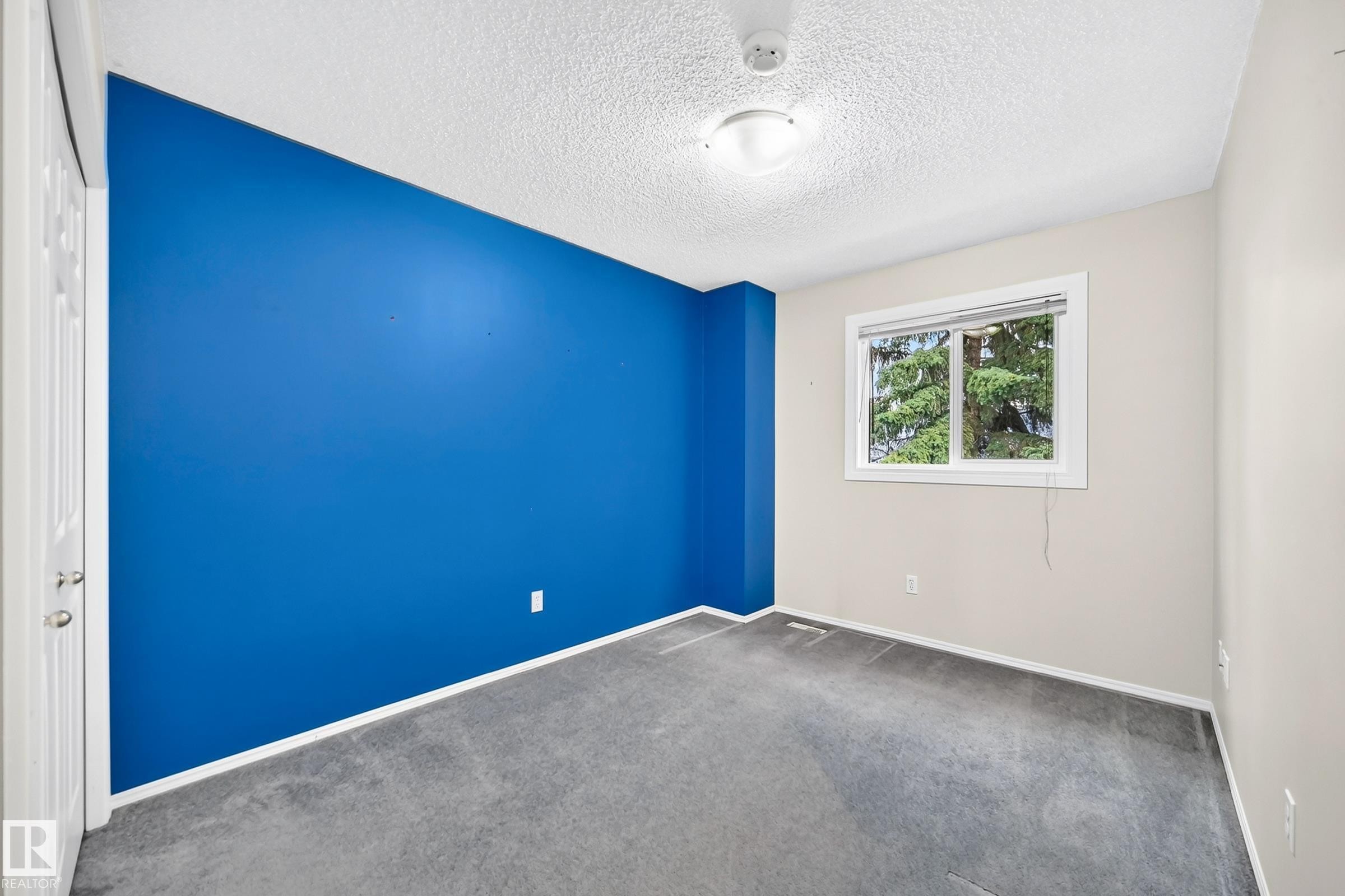 Room with gray carpeting, white trim, and a single window featuring exterior tree views - #51 9630 176 St Nw, Edmonton, AB - Indoor Photo Showing Other Room