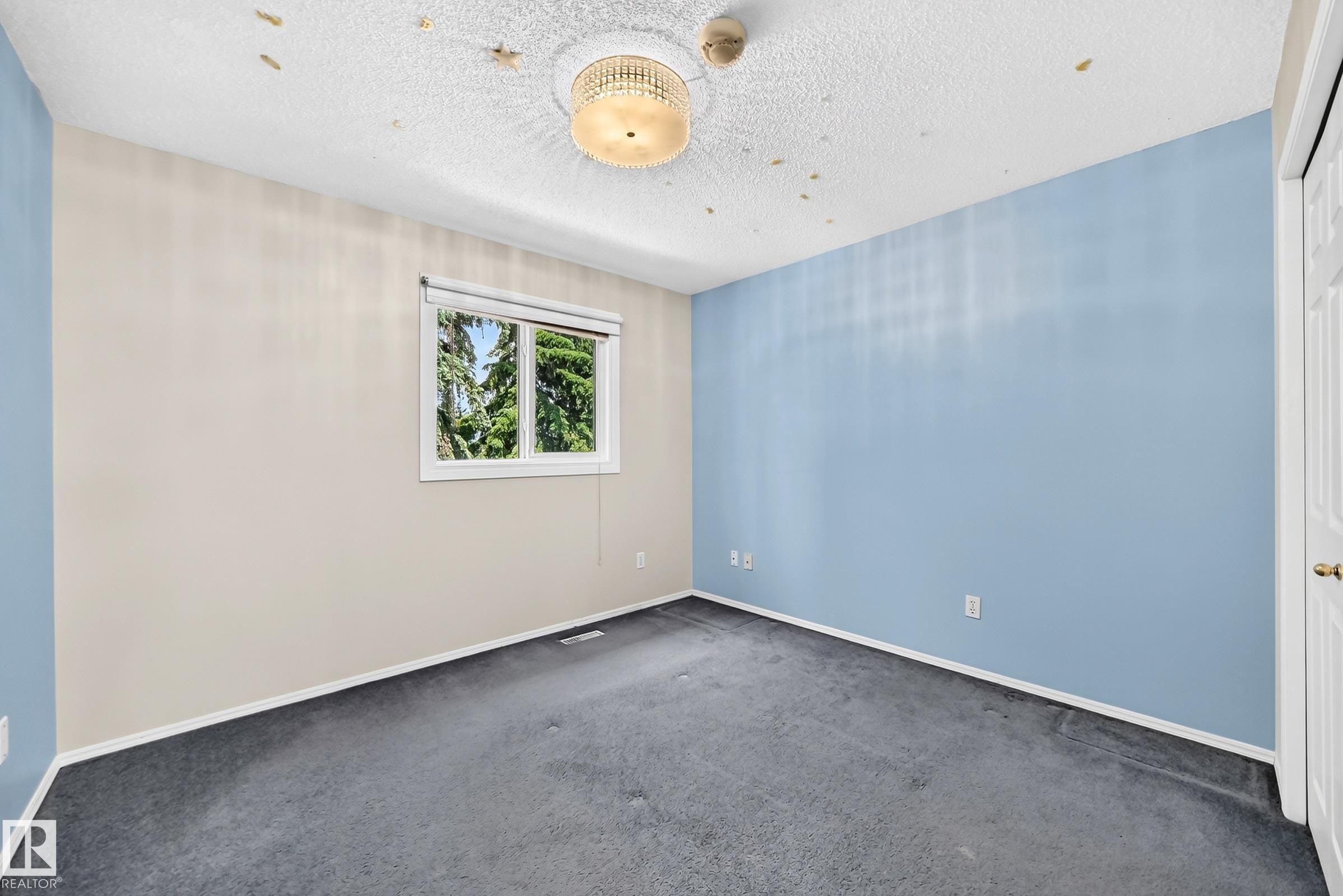 Interior room featuring wall-to-wall carpeting, a large window, and a flush-mount ceiling light fixture - #51 9630 176 St Nw, Edmonton, AB - Indoor Photo Showing Other Room