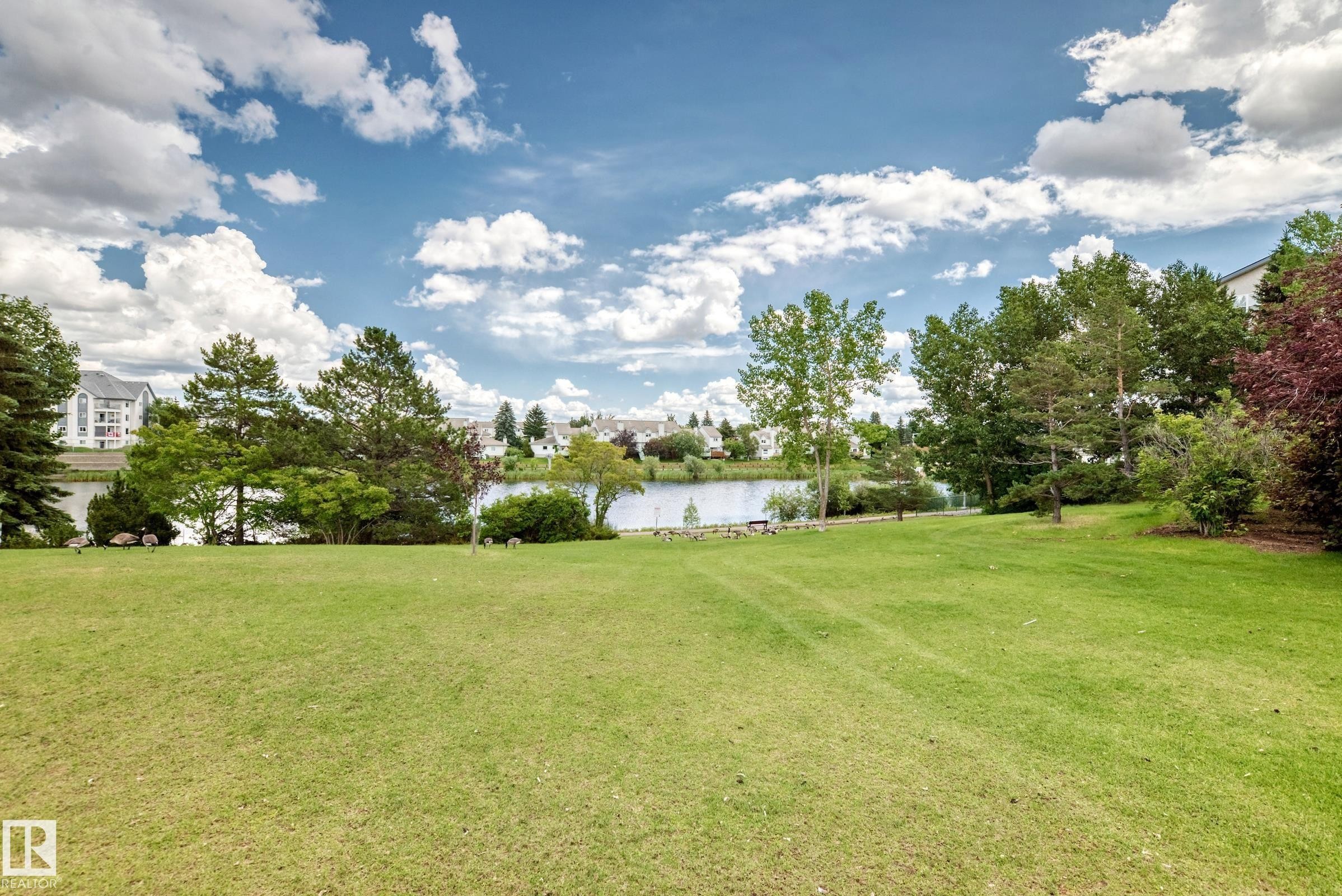 Expansive green lawn with mature trees and a tranquil body of water in the background - #51 9630 176 St Nw, Edmonton, AB - Outdoor With View