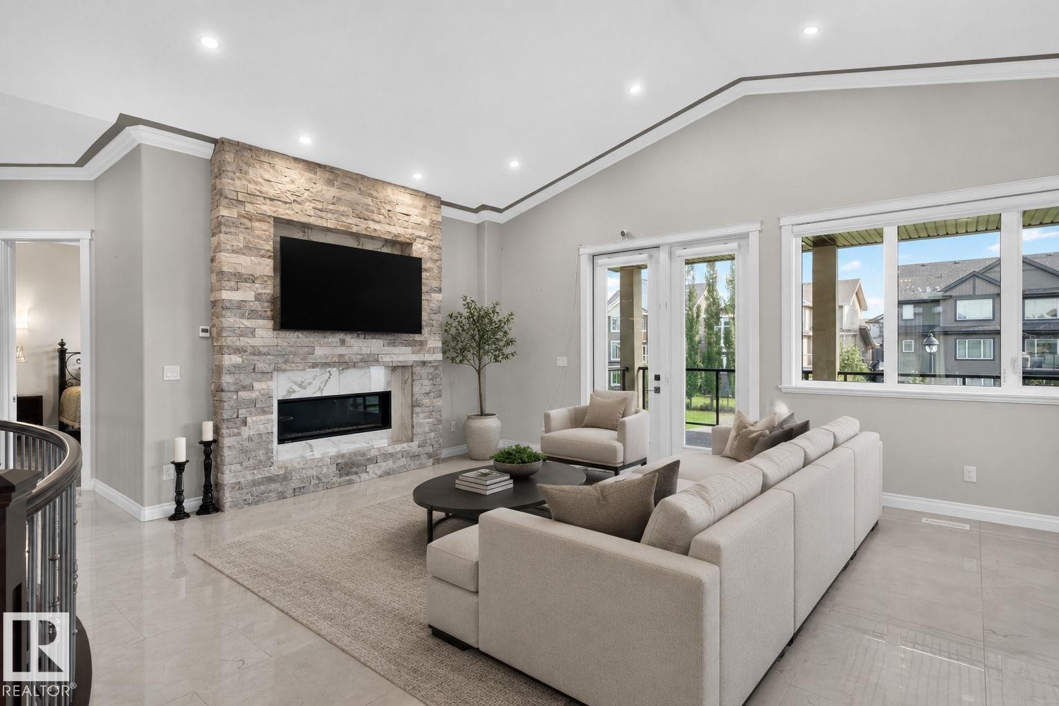 Virtually Staged - 4707 Woolsey Common Sw, Edmonton, AB - Indoor Photo Showing Living Room With Fireplace