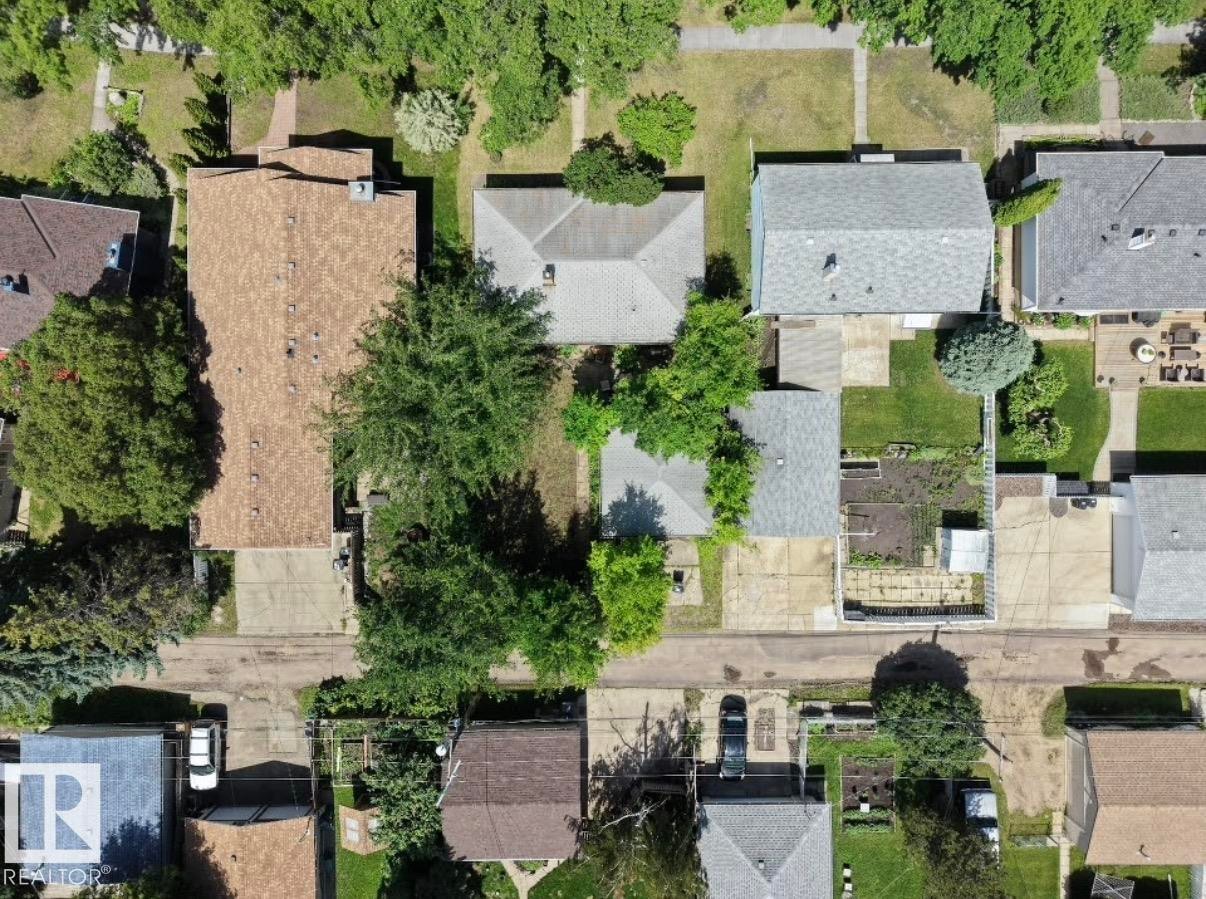 Overhead property showcasing mature tree canopy, varied rooflines, and concrete driveways - 8719 67 Avenue Nw, Edmonton, AB - Outdoor