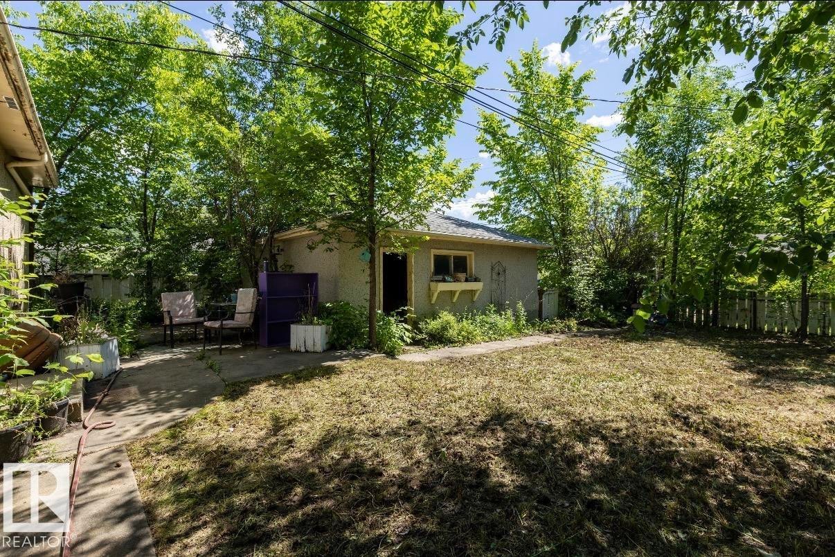 Expansive backyard featuring a concrete patio, a detached structure with a window box, a manicured lawn, and mature trees providing natural shade - 8719 67 Avenue Nw, Edmonton, AB - Outdoor