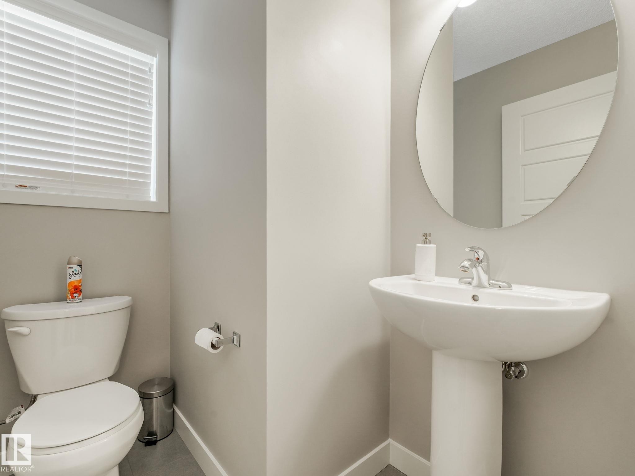 Pedestal sink with chrome faucet, oval mirror, and white toilet - #55 4470 Prowse Rd Sw, Edmonton, AB - Indoor Photo Showing Bathroom
