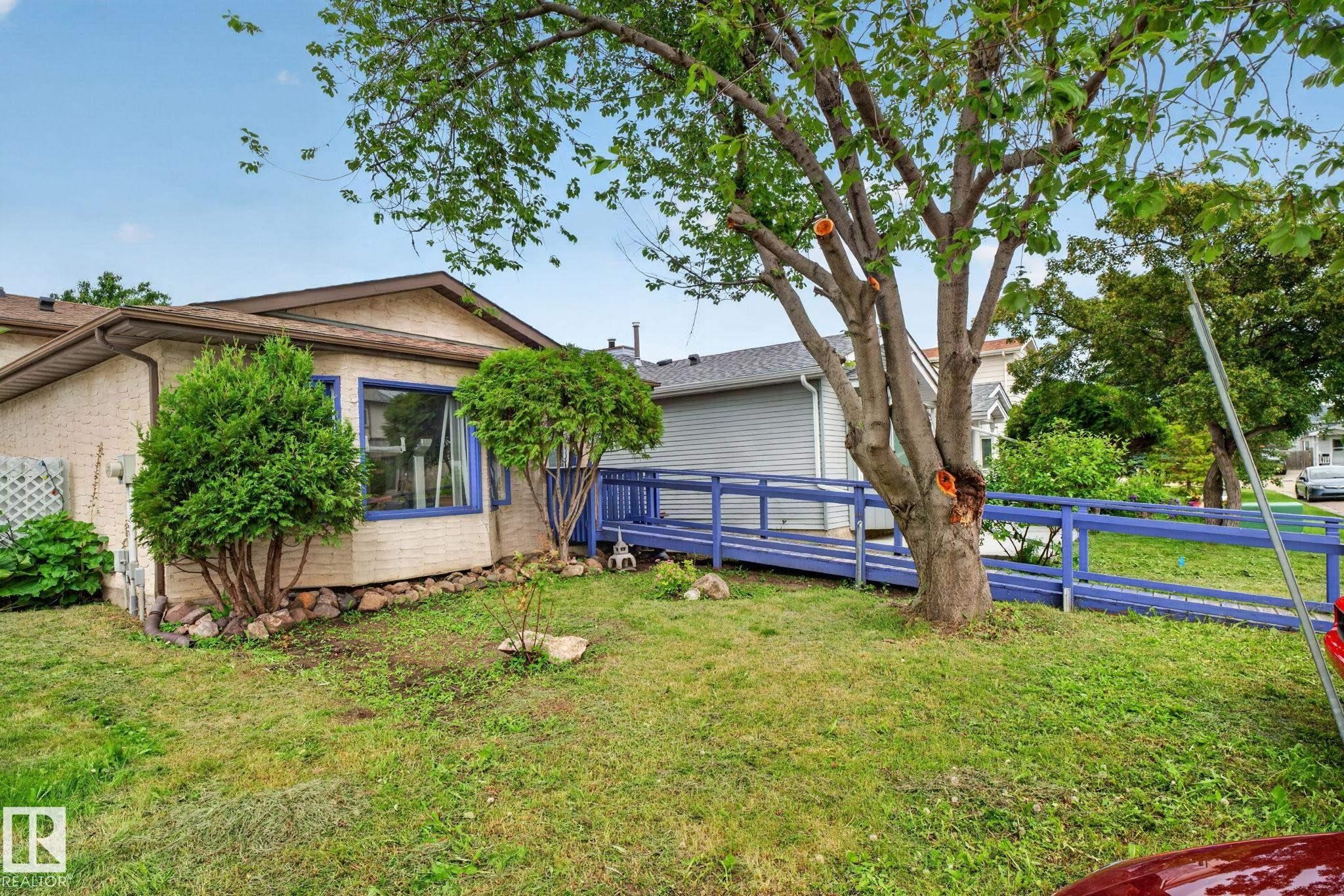 Exterior featuring a prominent accessibility ramp, bay window with blue trim, mature tree, and established landscaping - 8316 157 Avenue, Edmonton, AB