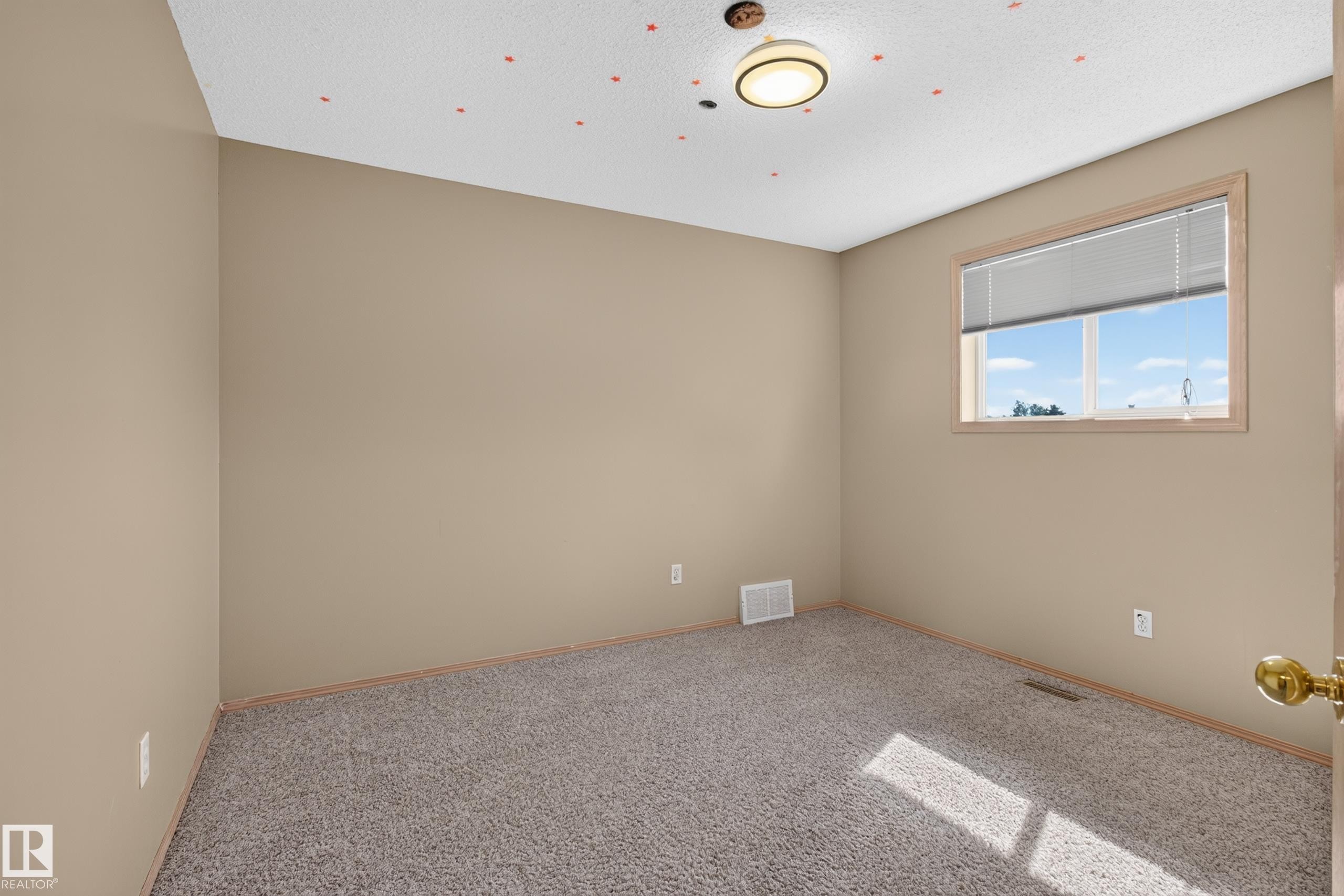 Carpeted room with neutral-toned walls, a single window with blinds, and a flush-mount ceiling light fixture - 13406 32A Street, Edmonton, AB