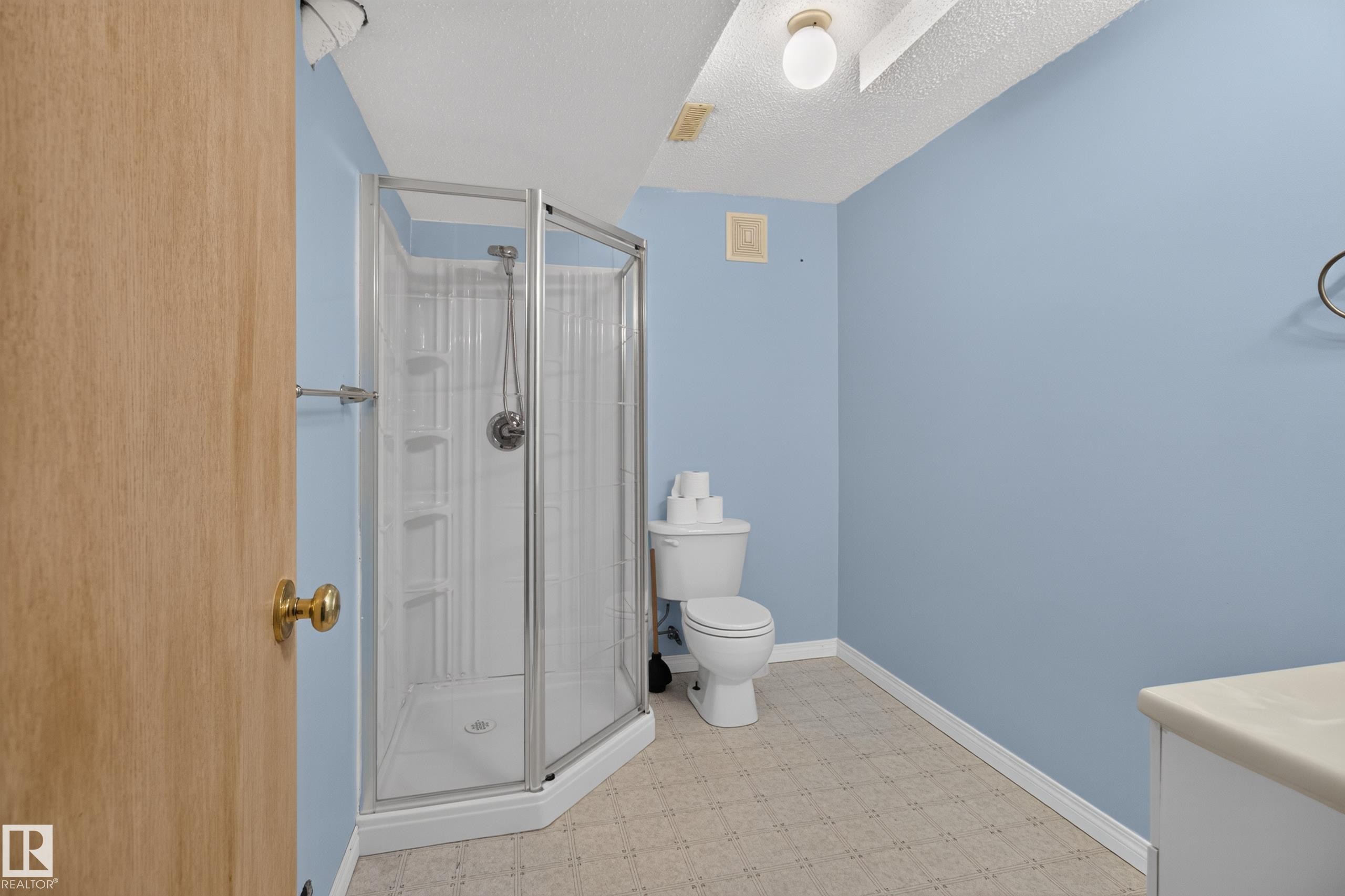Full bathroom featuring a corner shower with glass enclosure, toilet, and vanity with an integrated sink - 13406 32A Street, Edmonton, AB