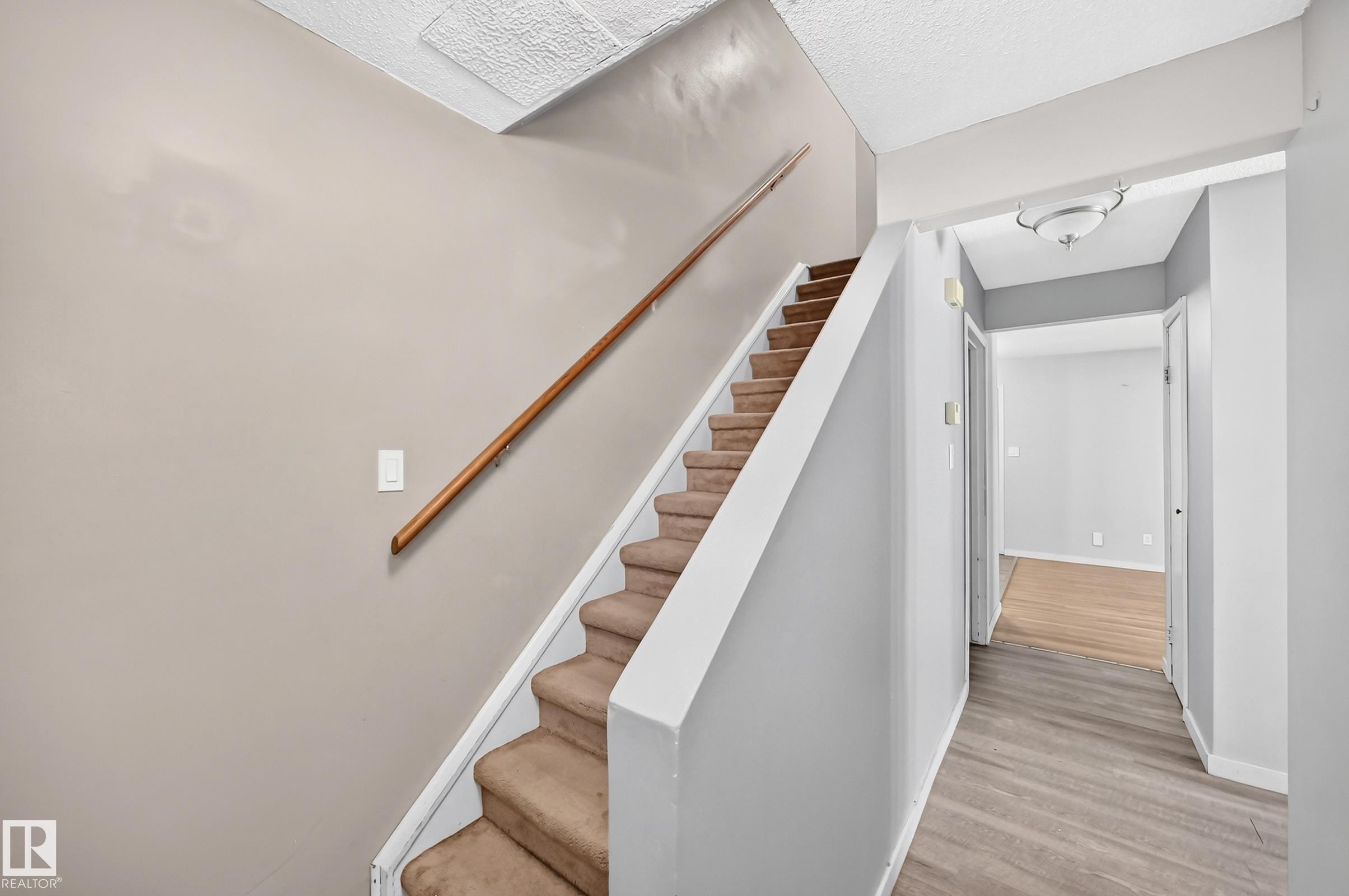 Carpeted staircase with wood handrail - 355 Northgate Terrace, Edmonton, AB