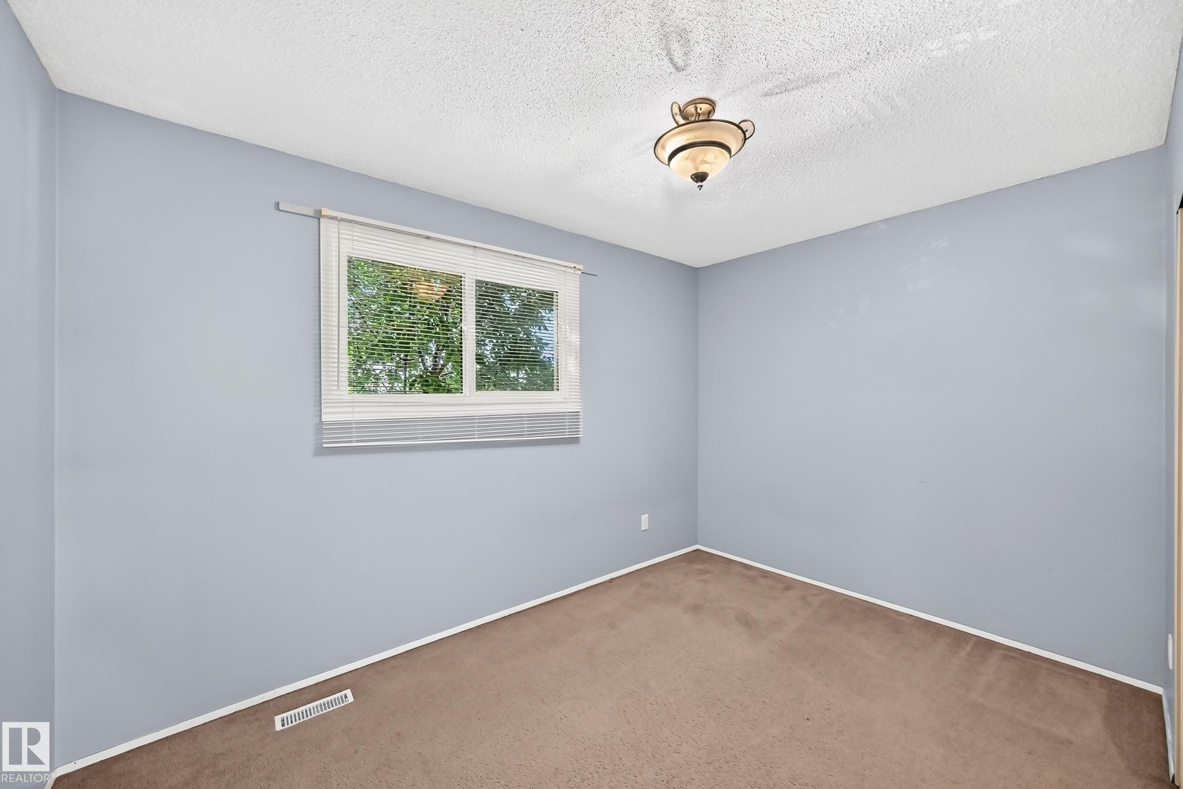 Room featuring a window with exterior tree scenery, light blue wall paint, a ceiling-mounted light fixture, and brown carpet flooring - 355 Northgate Terrace, Edmonton, AB