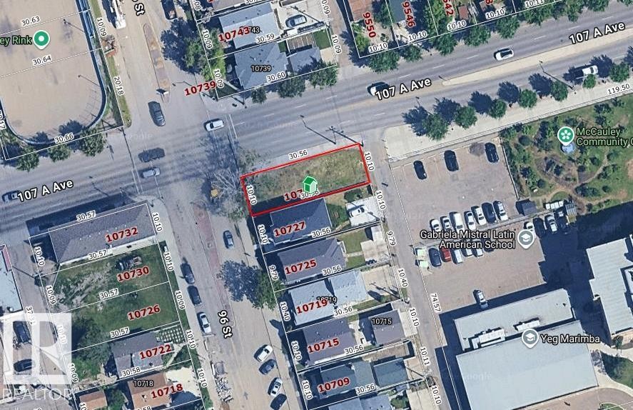 Aerial Map. Displaying a specific property outlined in red, with surrounding street names and building numbers - 10729 96 Street, Edmonton, AB