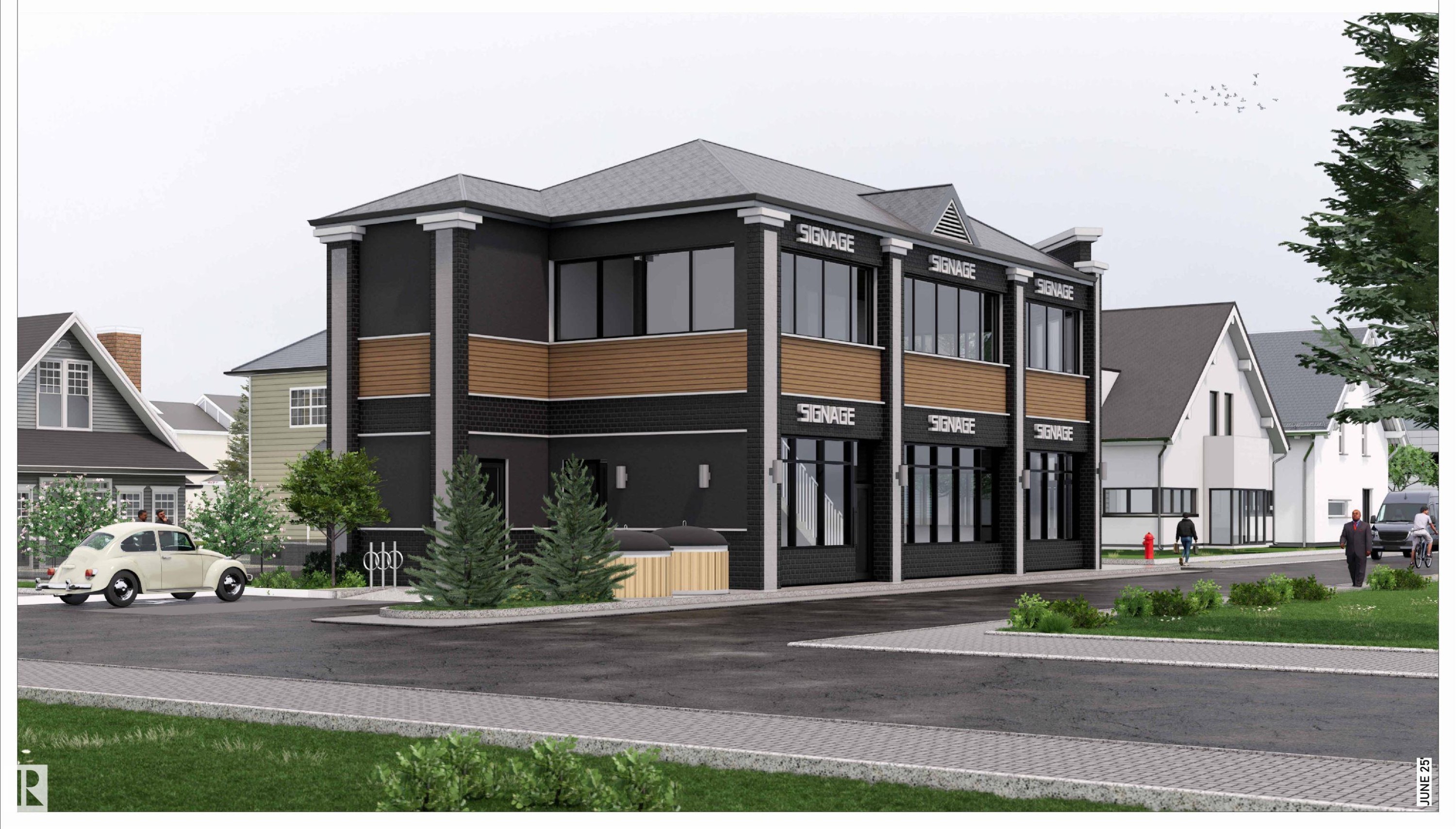 Modern commercial building featuring a dark exterior facade, wood-finish paneling, multiple large windows, a prominent entrance, and integrated signage opportunities - 10729 96 Street, Edmonton, AB