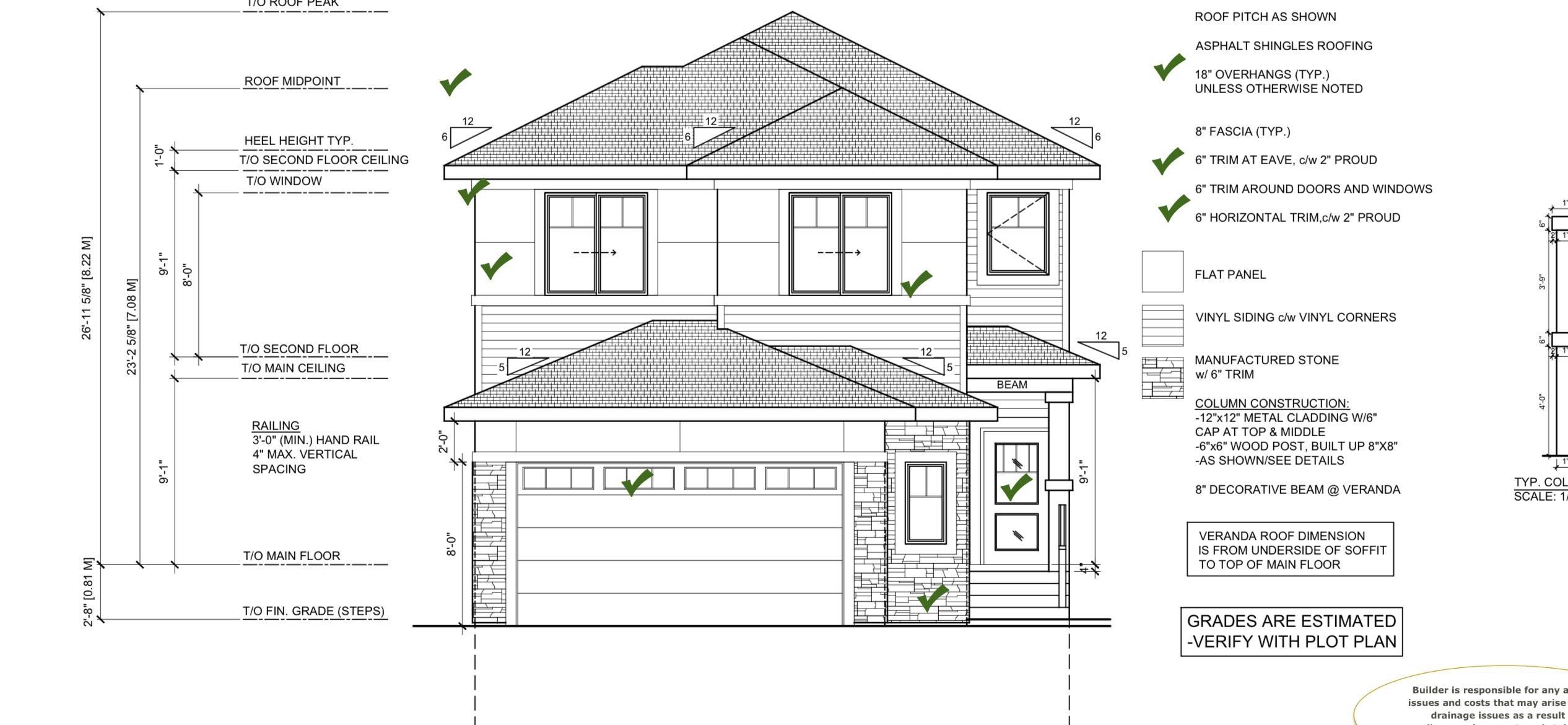 Architectural Elevation Drawing. Illustrating exterior dimensions, materials, and structural elements of the property - 764 Astoria Way, Devon, AB