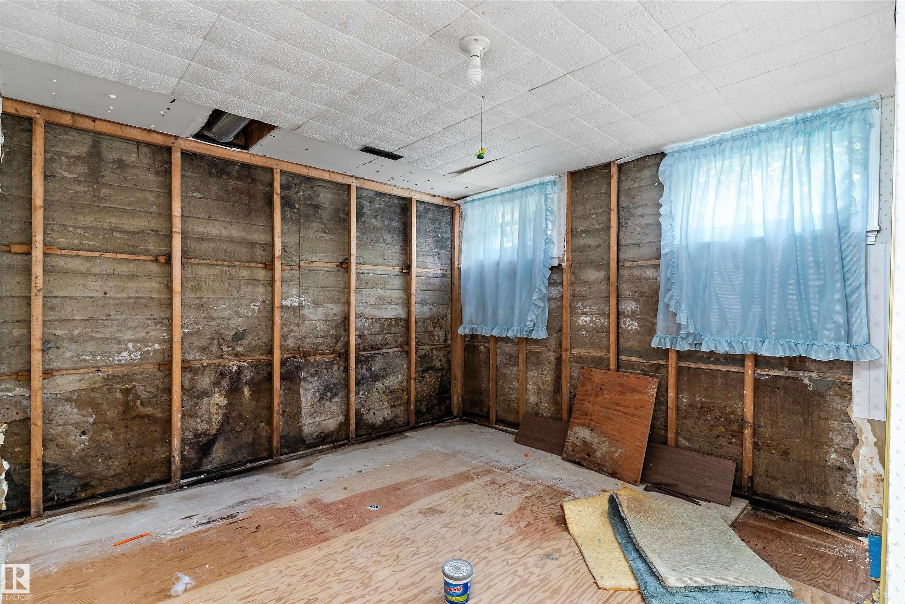Room with exposed concrete walls, wood framing, and two windows - 11619 123 Street, Edmonton, AB